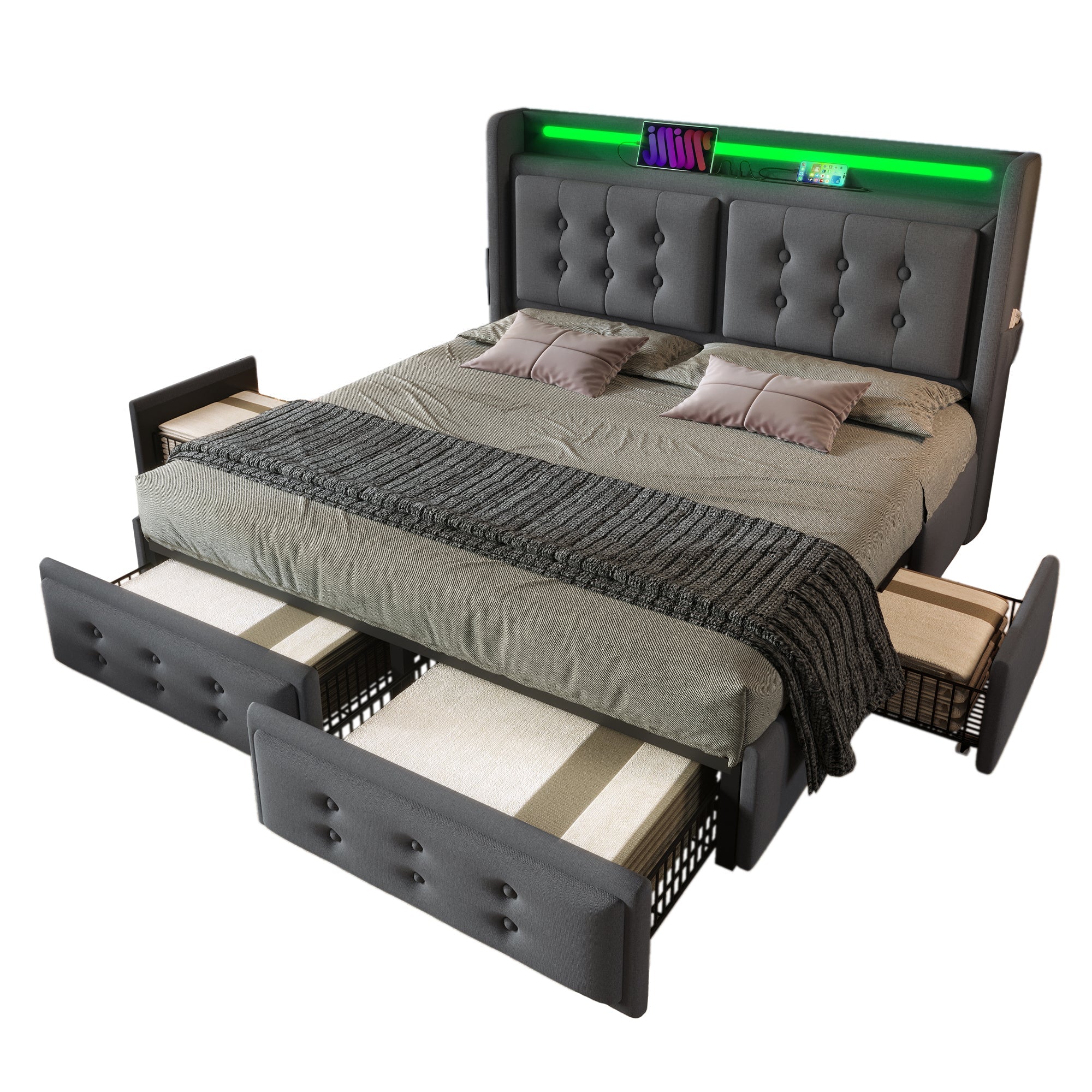 Upholstered Bed, 140x200 Double with LED Headboard, USB C & 4 Drawers, Gray Cotton