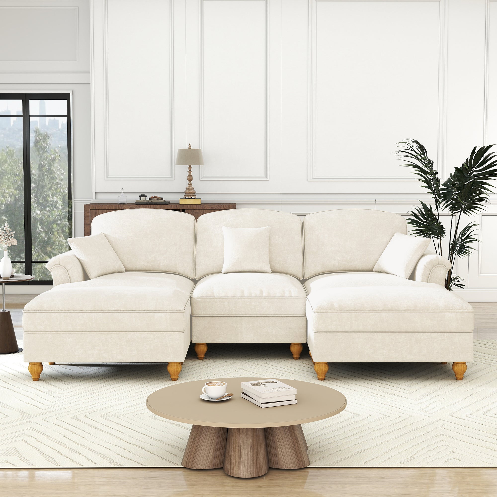 Classic Modular U-Shaped Sofa Chenille Movable Ottoman - White