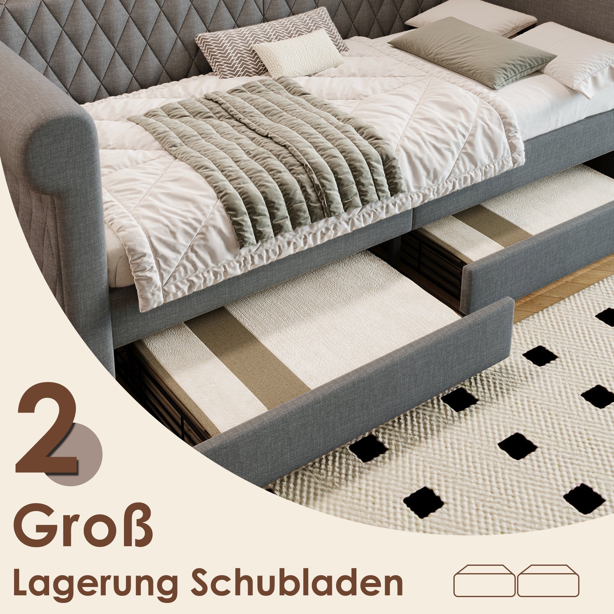 Vintage Headboard Upholstered Bed, 90x200 cm Daybed with 2 Storage Drawers, Linen Gray