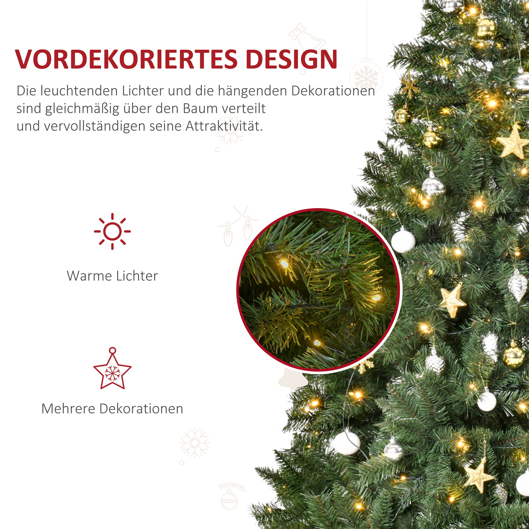 Artificial Christmas Tree 180 cm, Artificial Fir Tree with LED Lighting, Baubles, Christmas Tree with 745 Tips, Christmas Decoration Including Metal Stand for Indoor Use