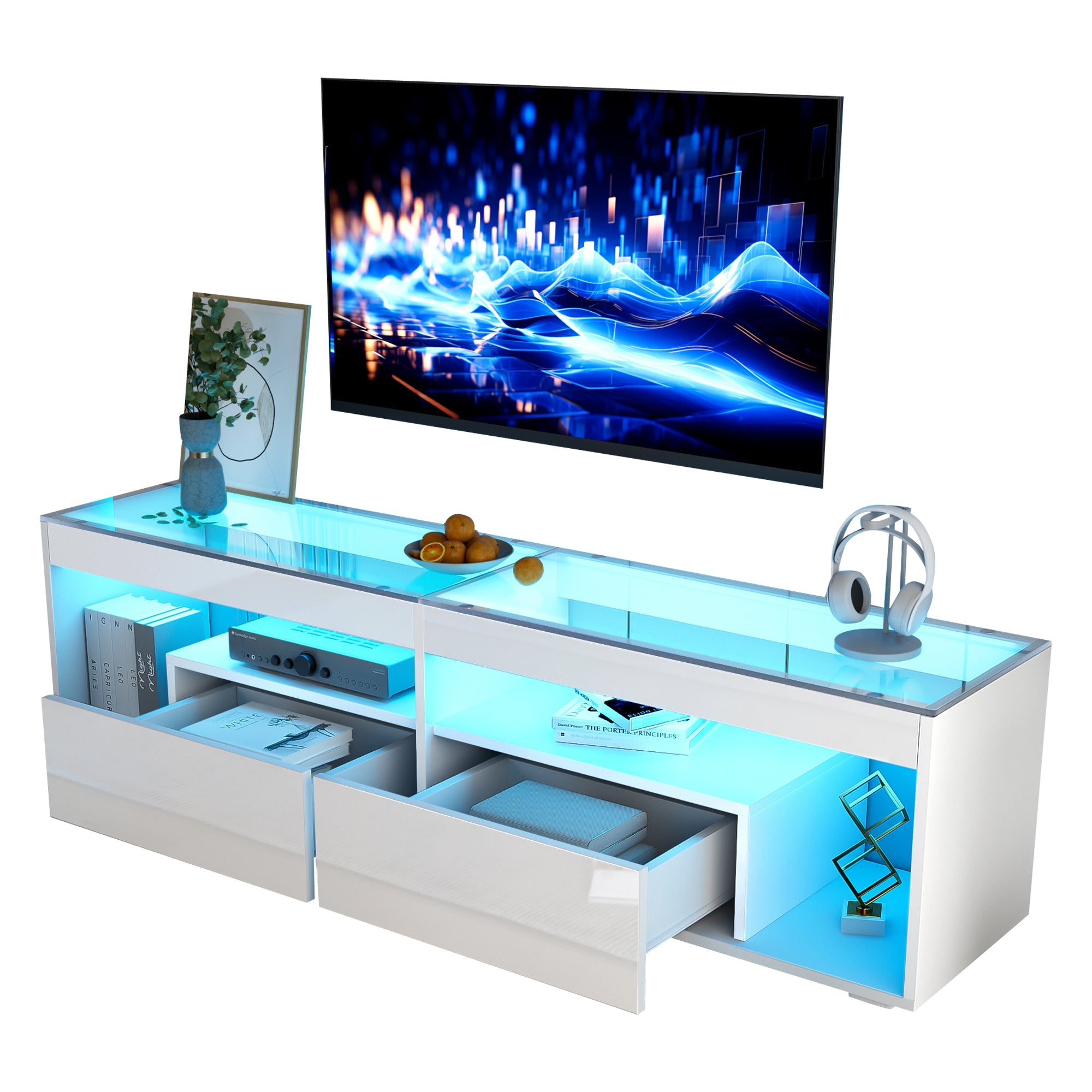 LED High-Gloss TV Cabinet for 70 Inch TVs, 2 Drawers, White