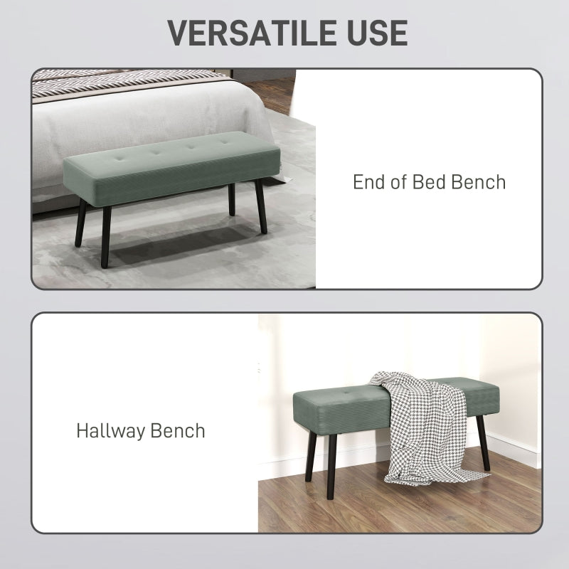 End of Bed Bench with Thick Padding and Steel Legs, Corduroy, Green