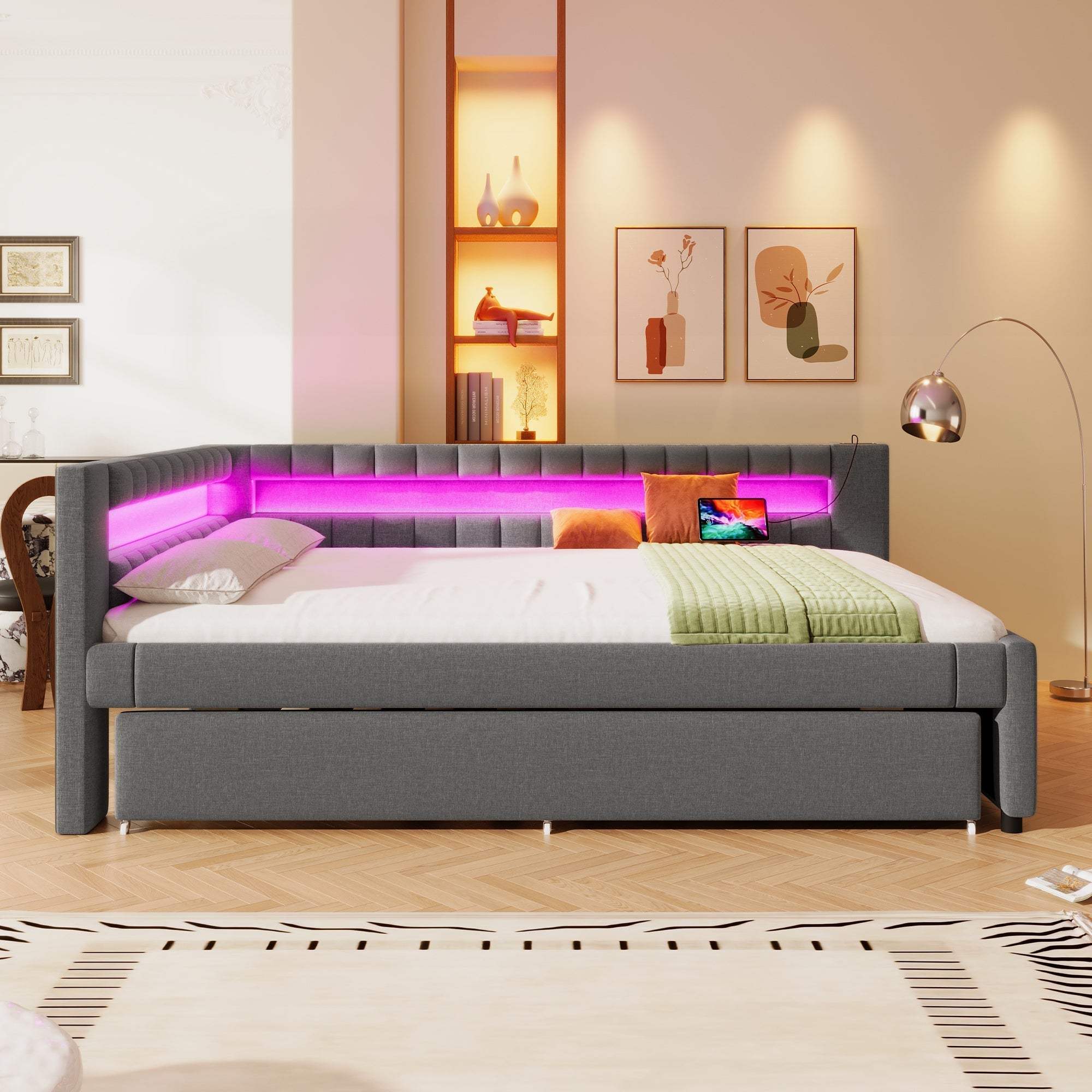 Daybed Sofa Bed 140x200cm Pull-out Bed LED USB/Type-C Linen Grey