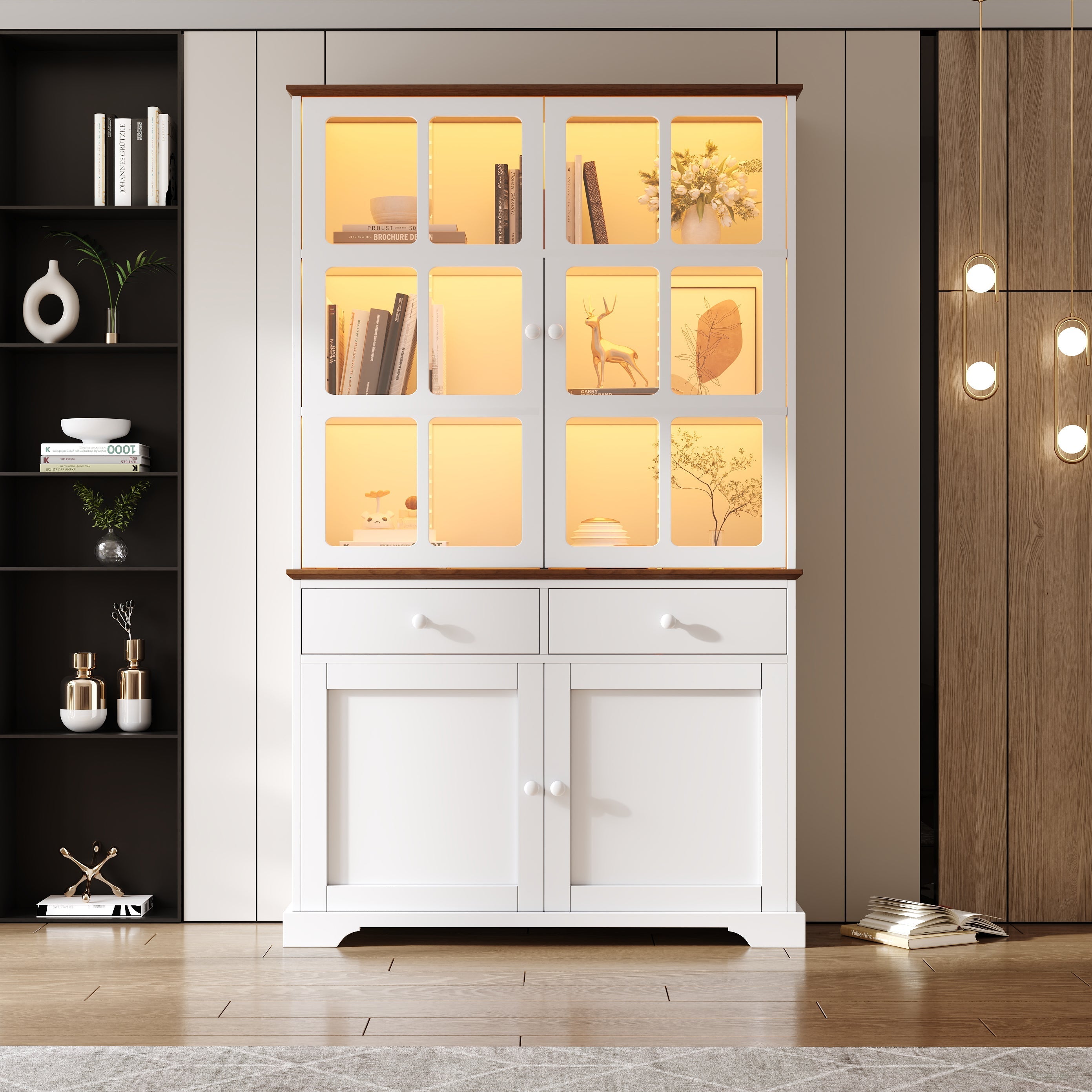 Tall Display Cabinet Glass Doors 2 Drawers LED Lighting White