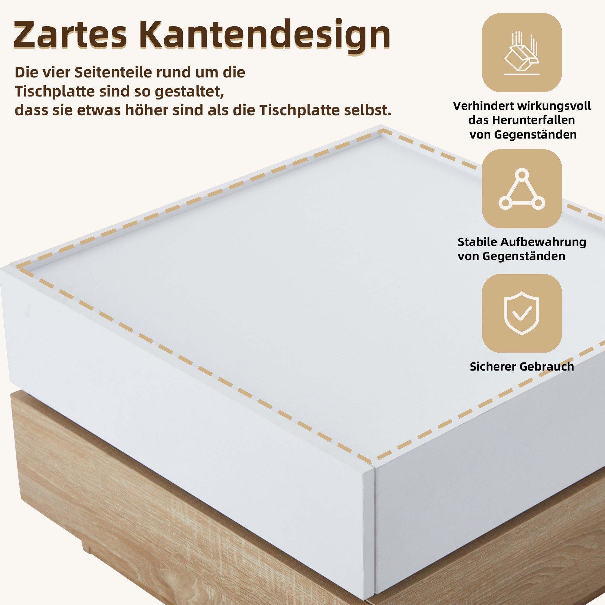 Functional coffee table, 360° rotatable with 2 levels storage, walnut frame white