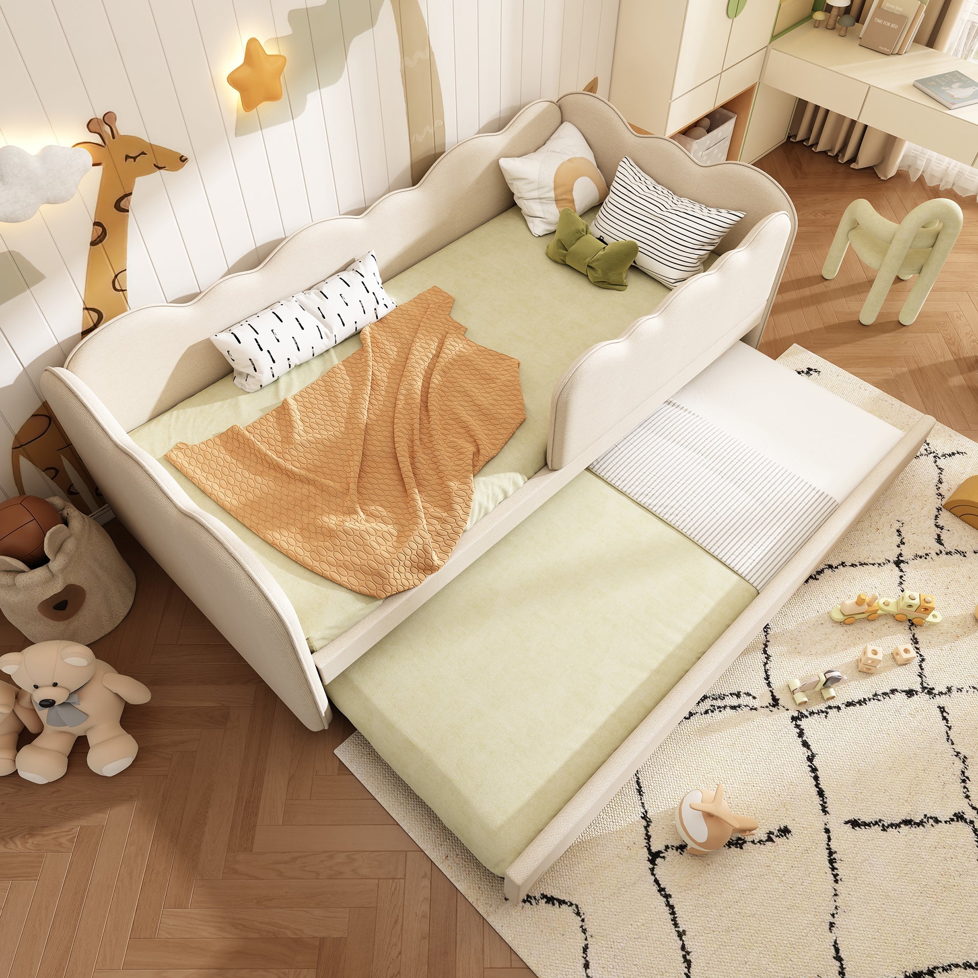 Upholstered Daybed Sofa Bed 90x190cm, Pull-out Bed Slatted Base, Linen Beige