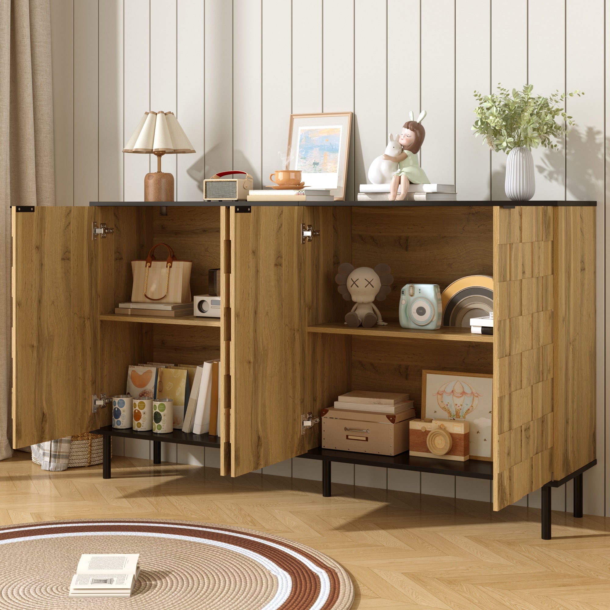 Mosaic Sideboard, 2-Door Storage Cabinet with Metal Feet, Wood-Look Chipboard