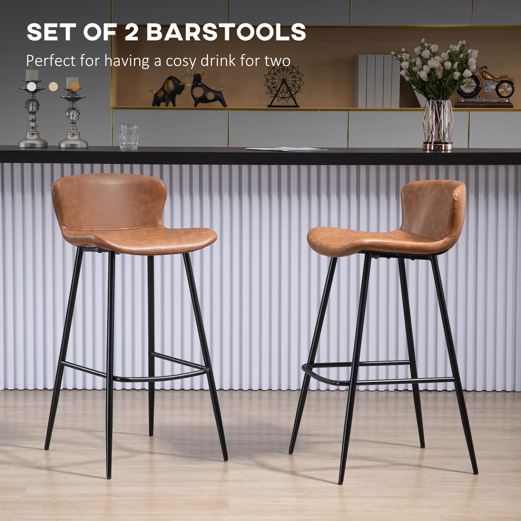 Bar Stools Set of 2, Upholstered with Backs, Steel Legs, PU Leather Brown