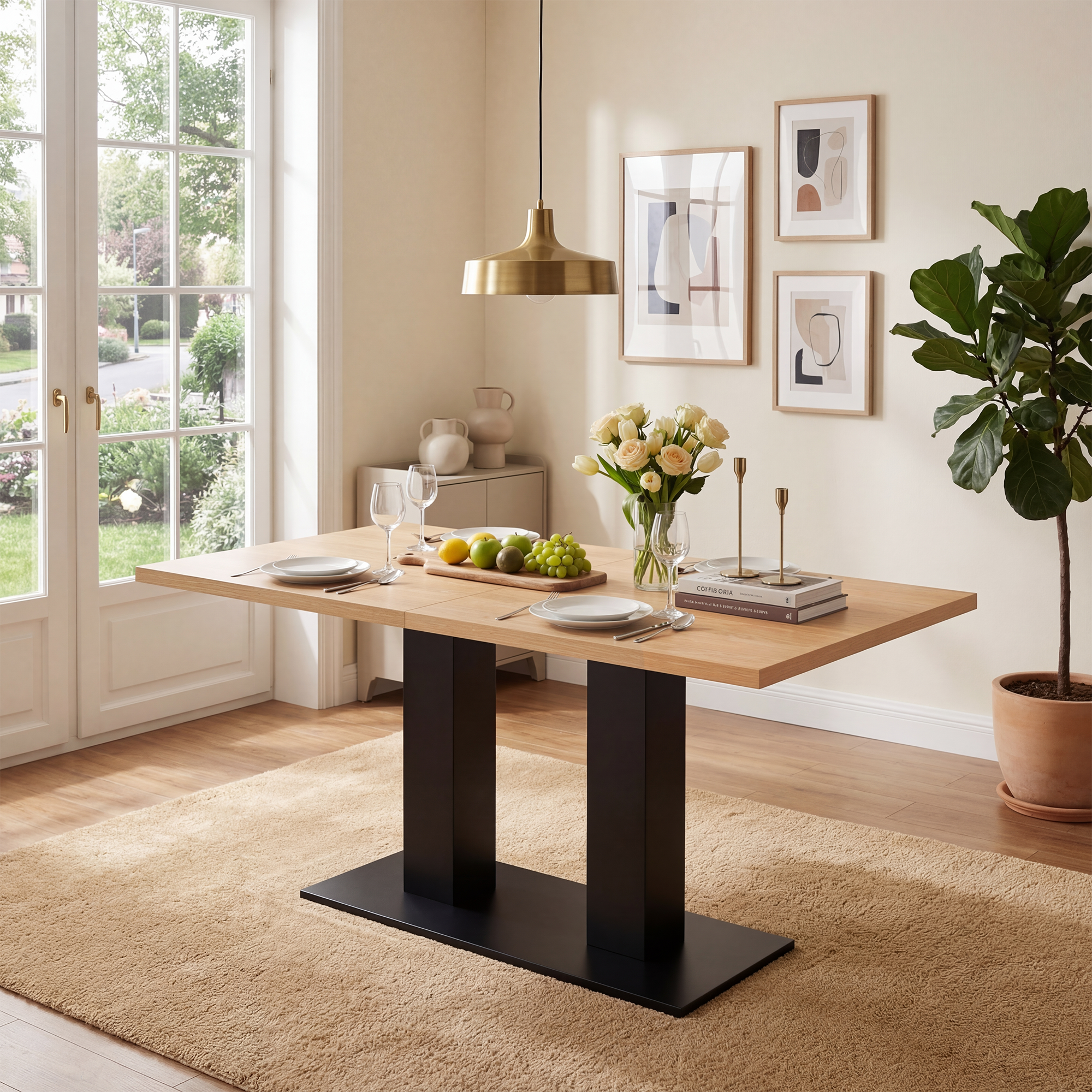 Extendable Dining Table, 140/180x70cm for 6-8 People, Natural Wood Color