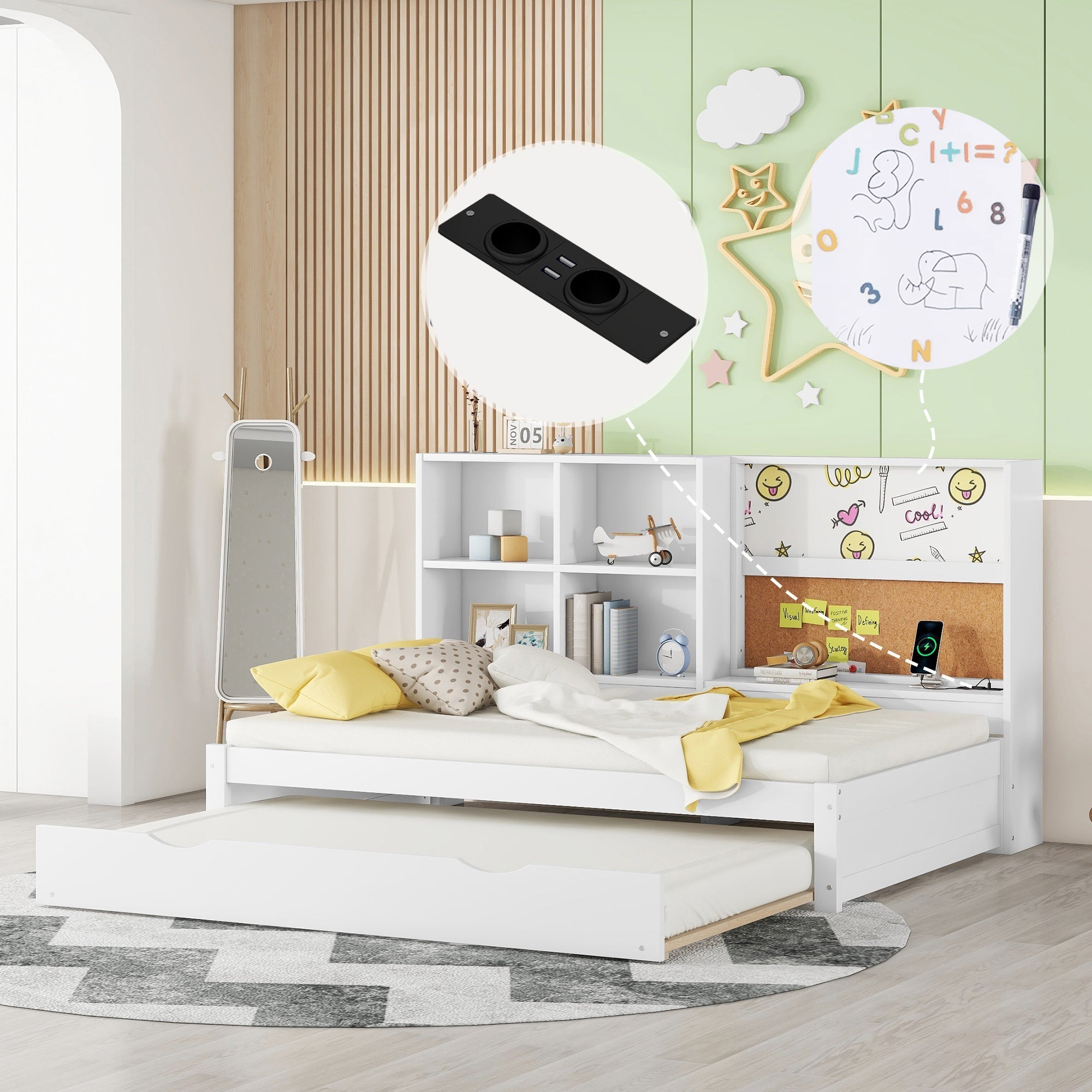 Sofa Bed 90x200cm Pull-out Bed USB Charging Drawing Board Storage - White