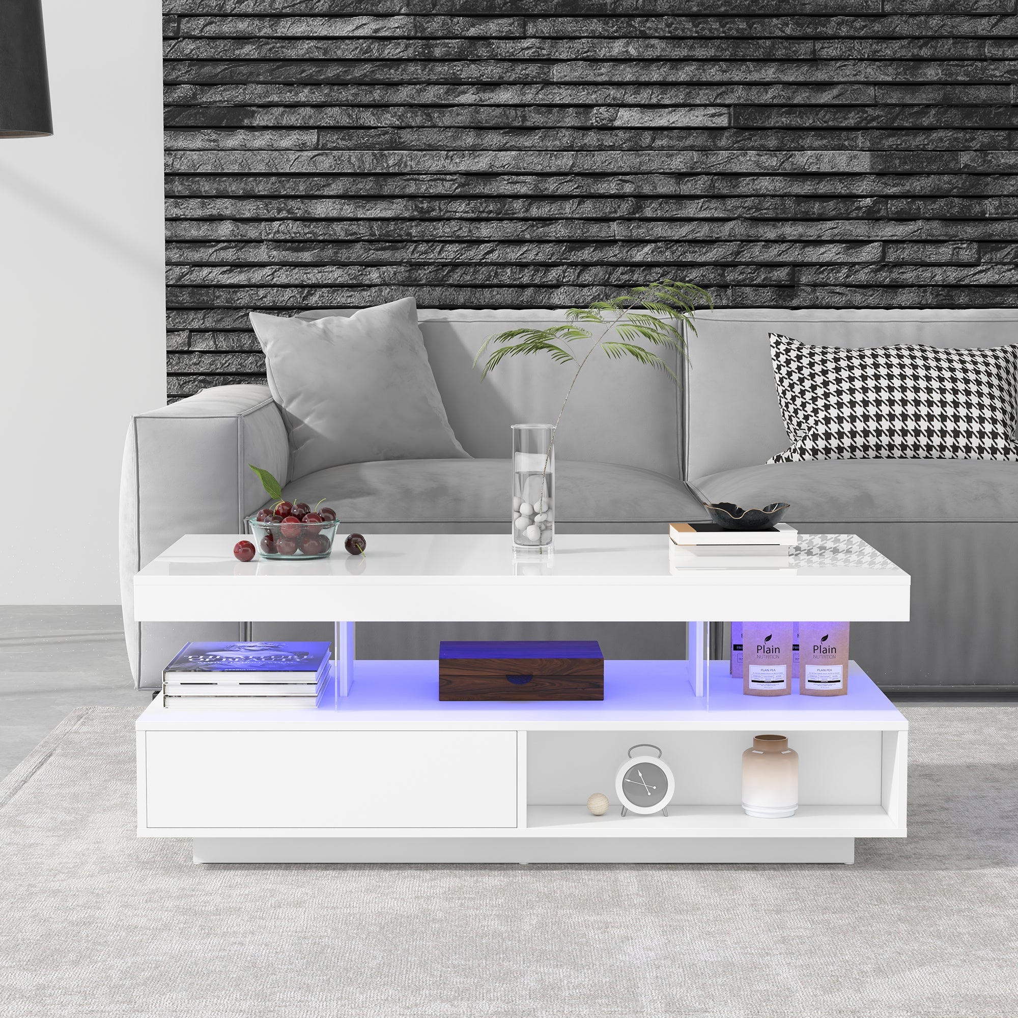 Coffee Table 95x50x42.5 cm with 4 Glass Tops, 2 Drawers, 2 Open Compartments, White High-Gloss