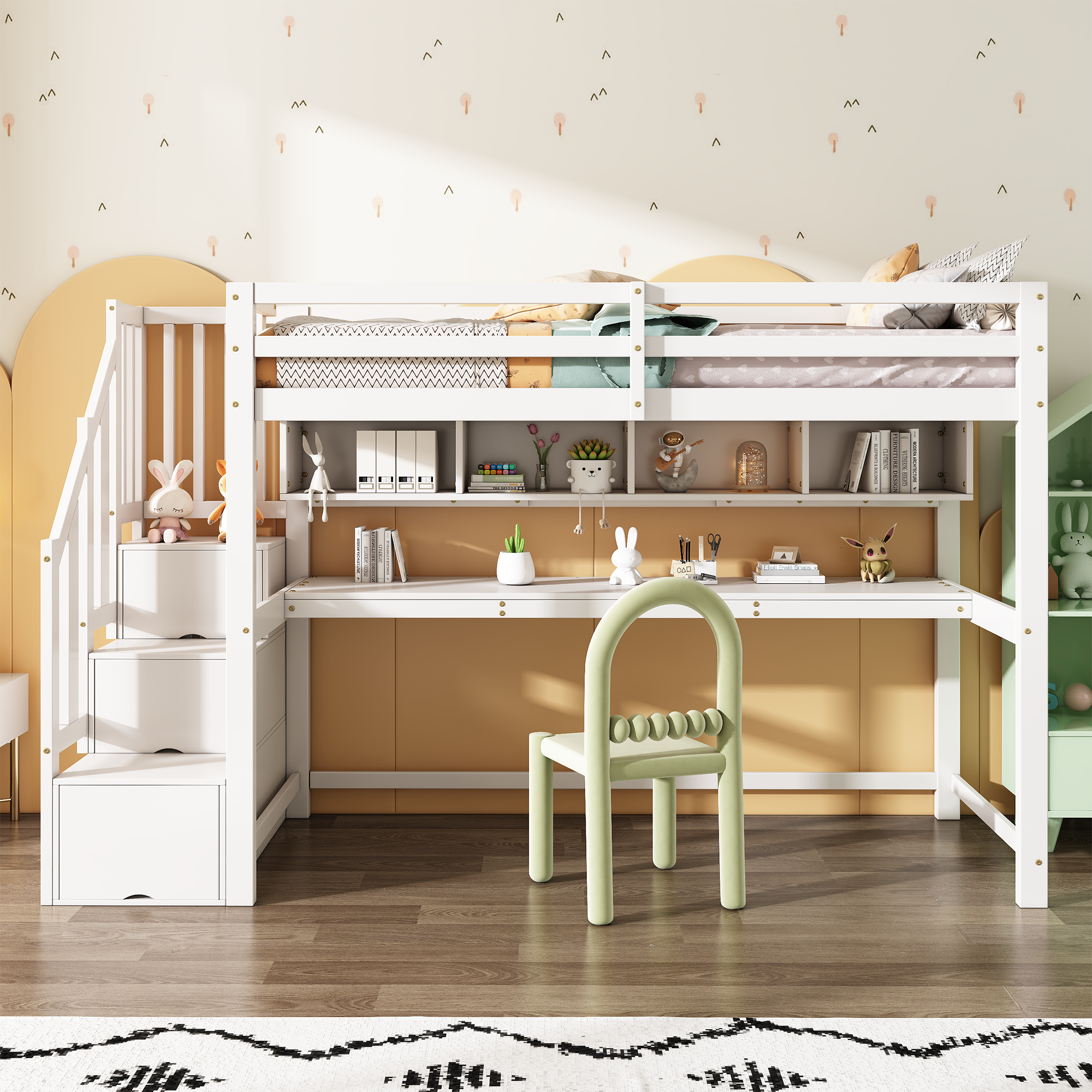 Loft Bed with Storage Stairs, Desk and Shelves, 90x200cm, White Solid Wood + MDF