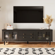 TV Cabinet, Retro Lowboard with Gold Handles, Glass Door, Solid Wood Legs