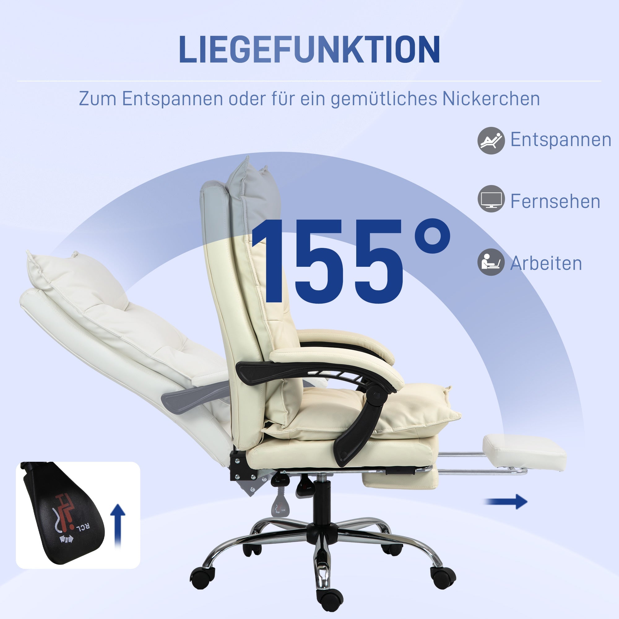 Vinsetto Office Chair Ergonomic, Height Adjustable, 155° Tilt, Footrest, Beige