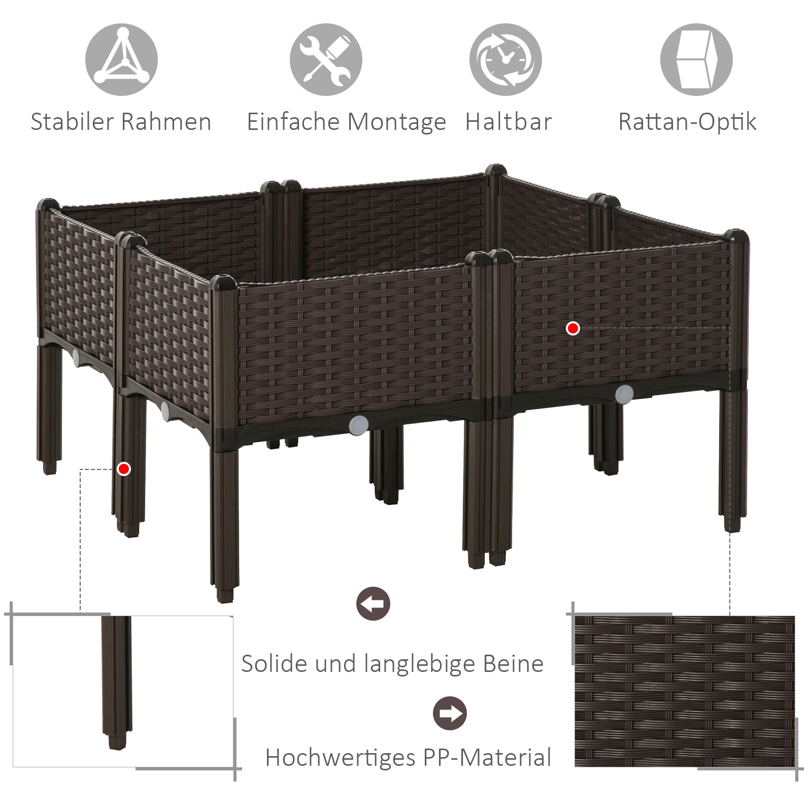 Raised Bed 4-Piece Planter, Rattan Look, Brown