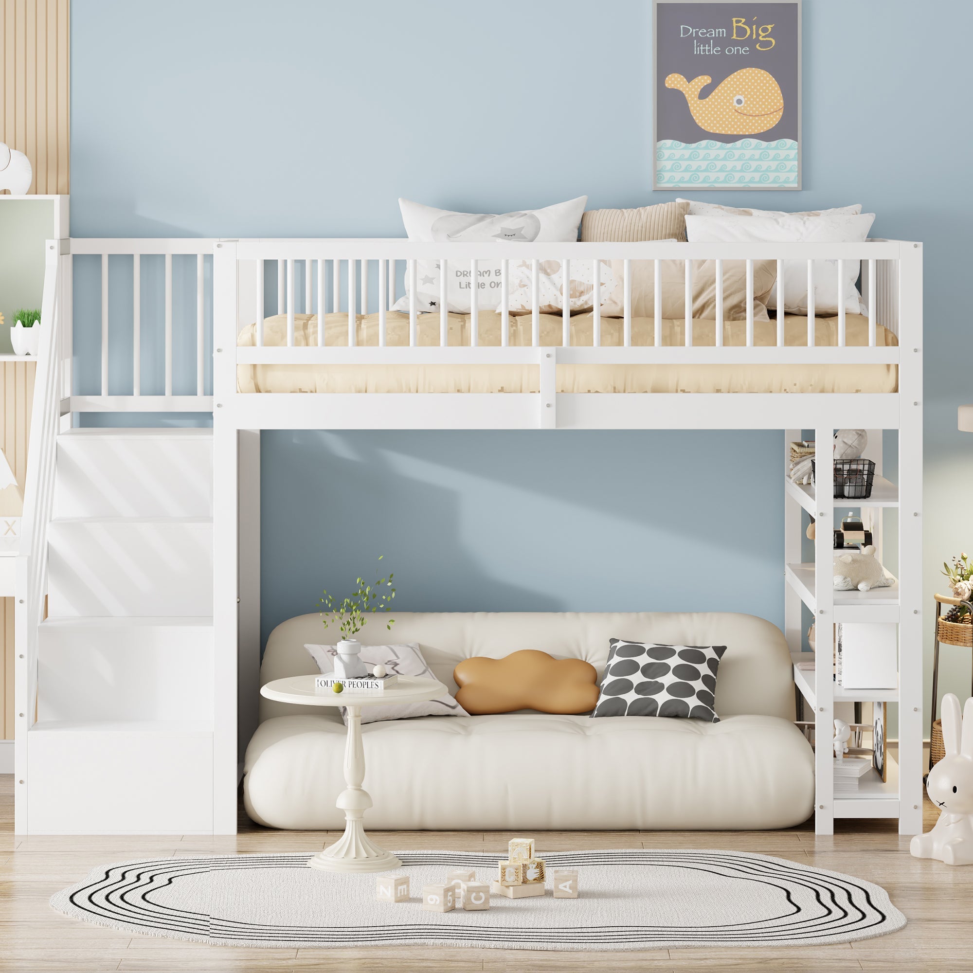 Loft Bed, 90x200 Multifunctional with Wardrobe, Shelves, Ladder, Solid Wood, White