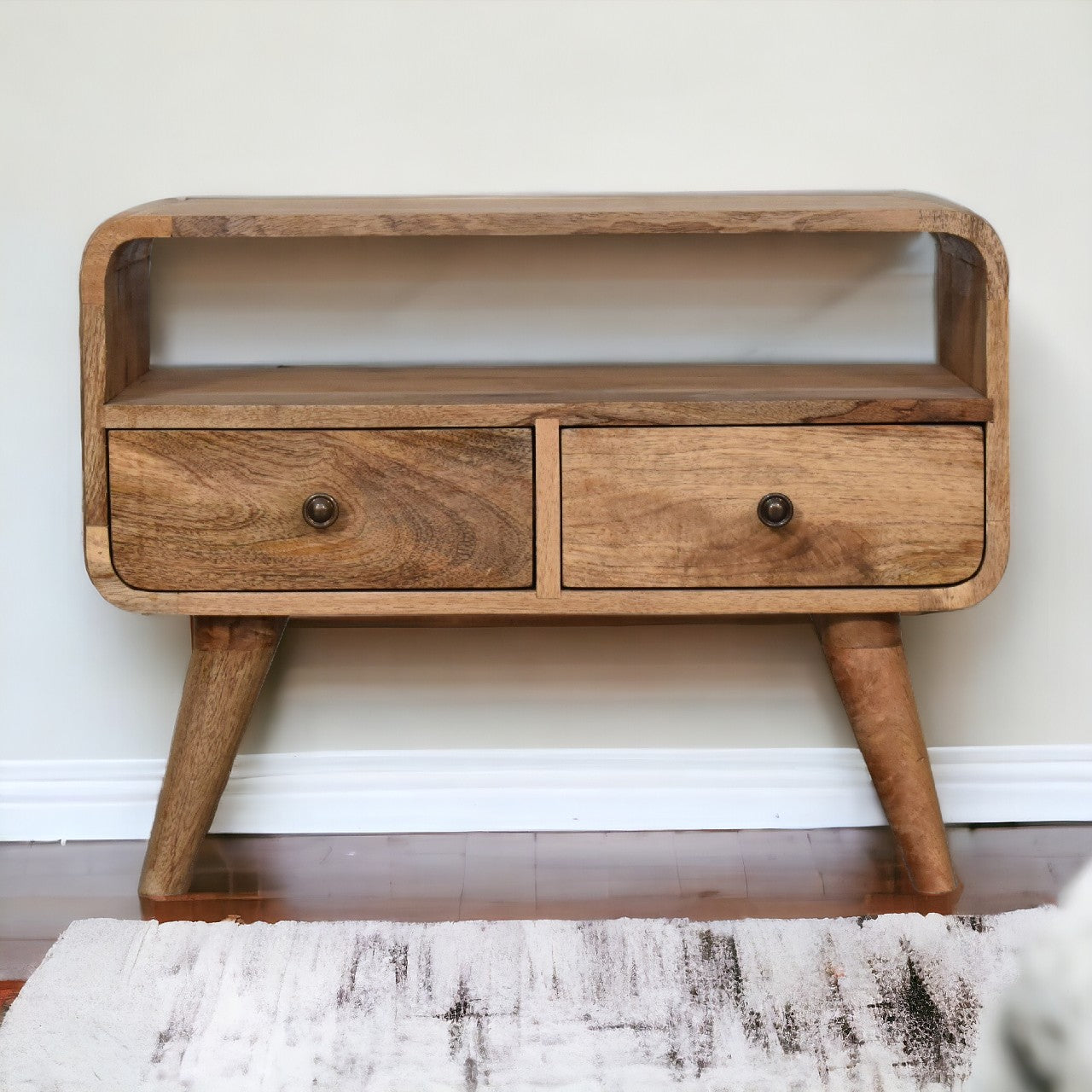 Solid Wood Media Unit, Mini Curved with 2 Drawers and Open Slot, Brown Oak-ish