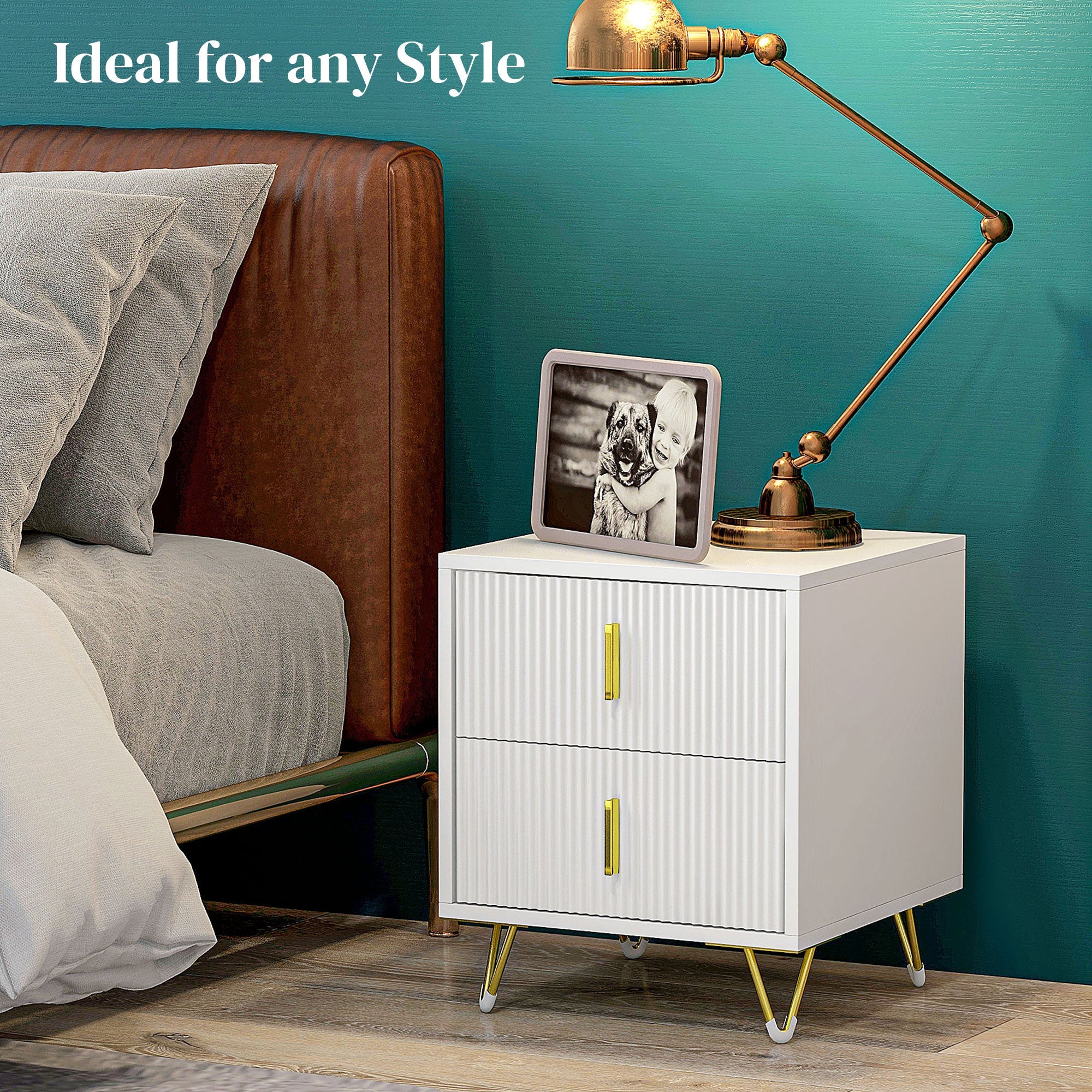 Elegant Chest of Drawers, Two Drawers - White/Gold-Tone