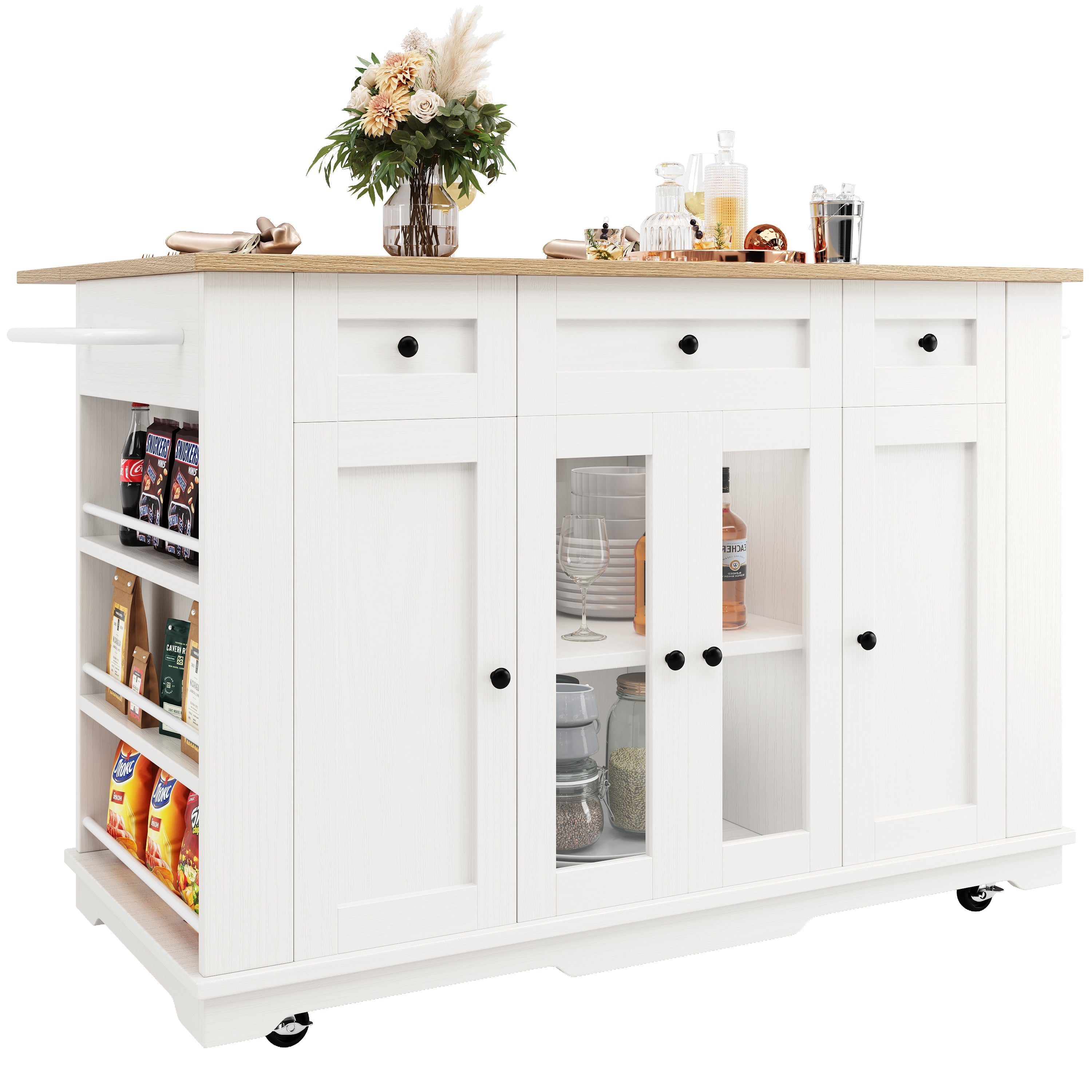 Kitchen Island, 151.5x60x91.7cm Removable Partitions Worktop Tempered Glass Cabinet, White/Black