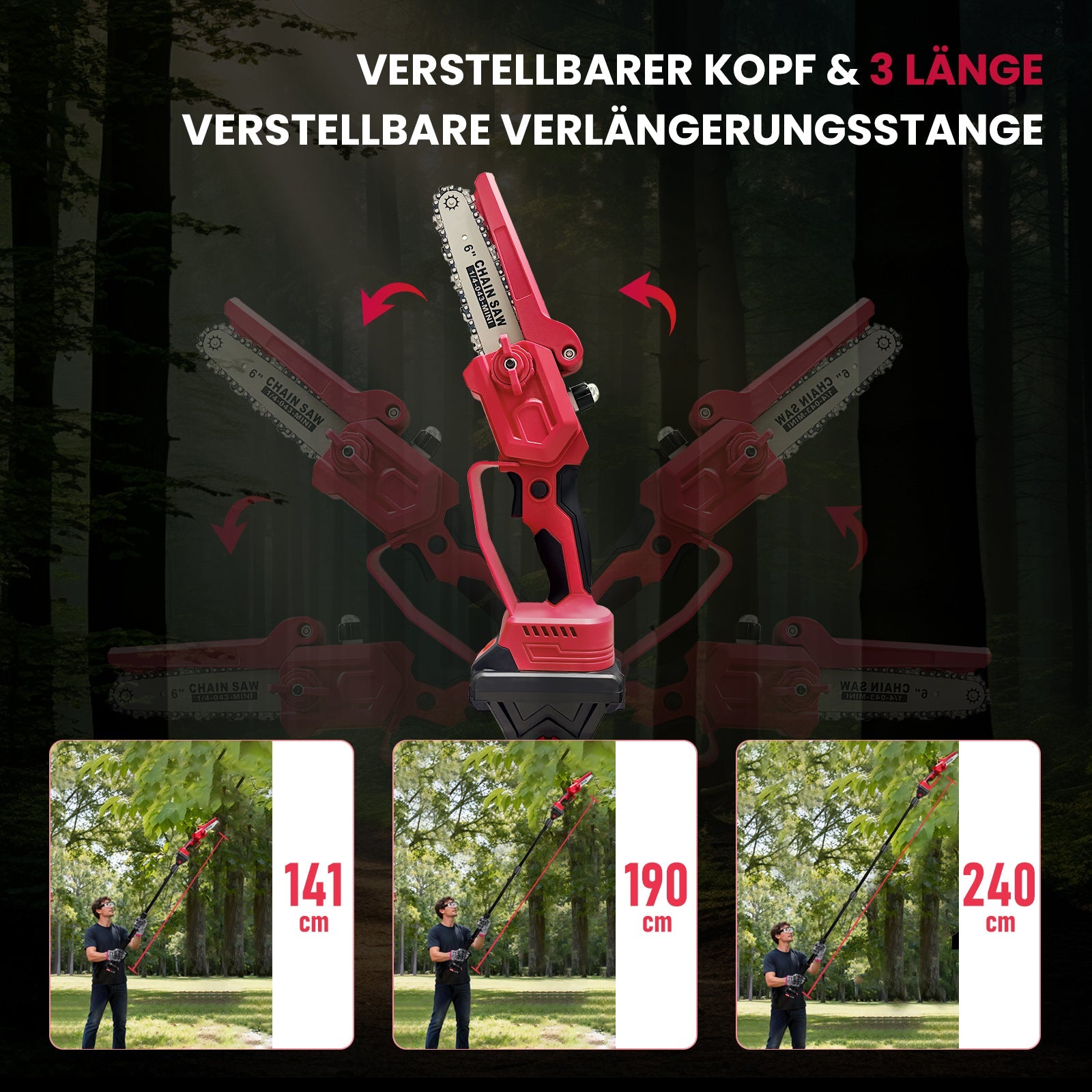 300W Cordless Pole Saw, Brushless Motor, 180° Head, Aluminum
