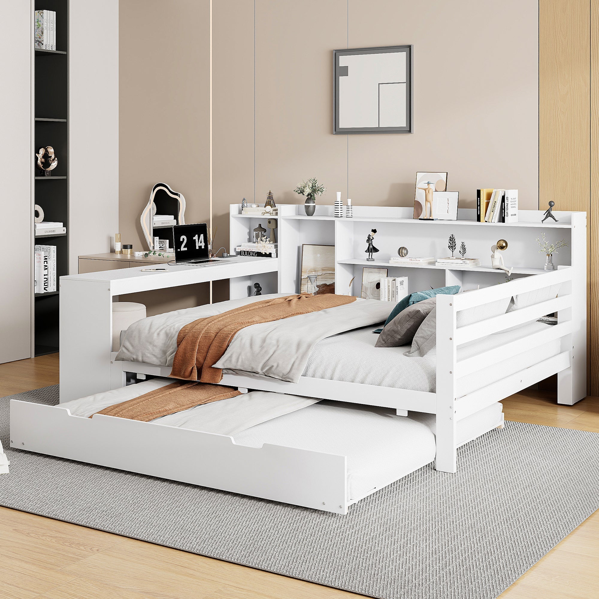 Sofa Bed, Multifunctional Double with Desk, Bookshelves, Storage, Power Outlets, Pull-Out Bed, Solid Wood