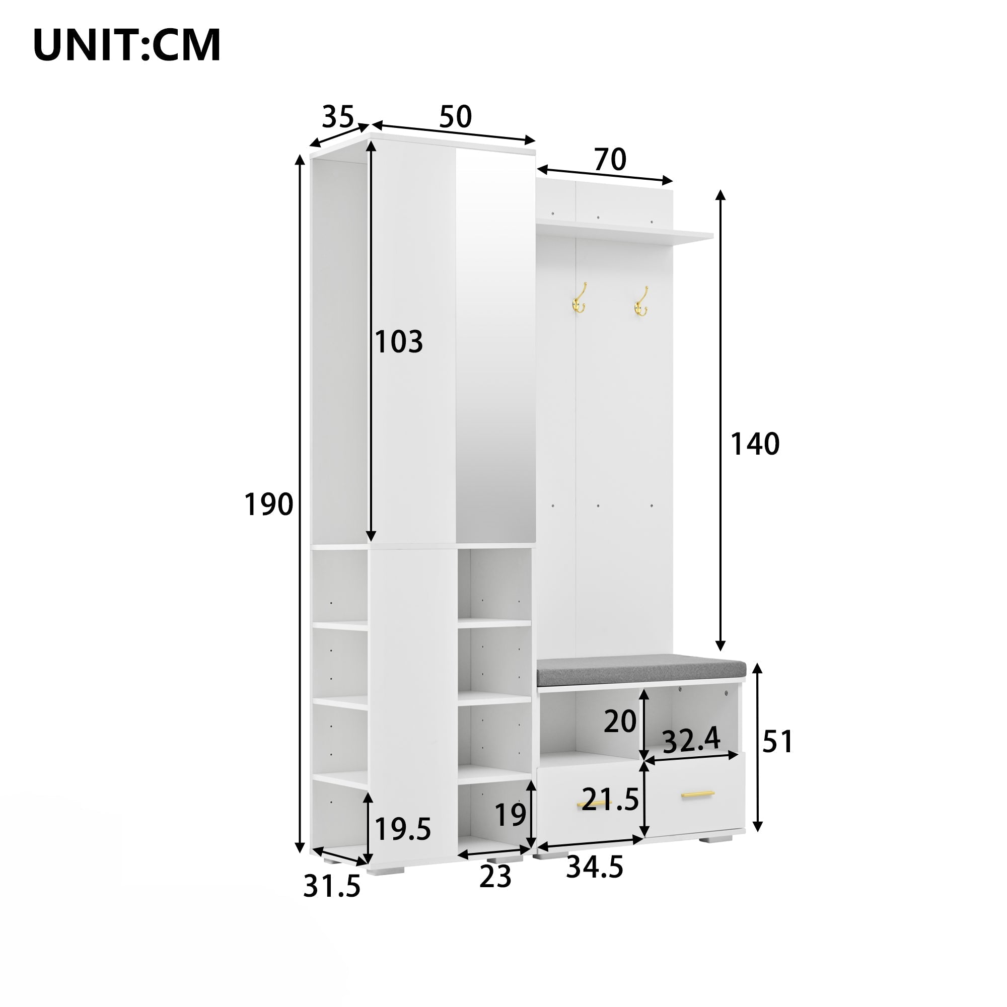 Wardrobe Set Hallway Cabinet Mirror Shoe Bench Clothes Rail 2 Drawers White