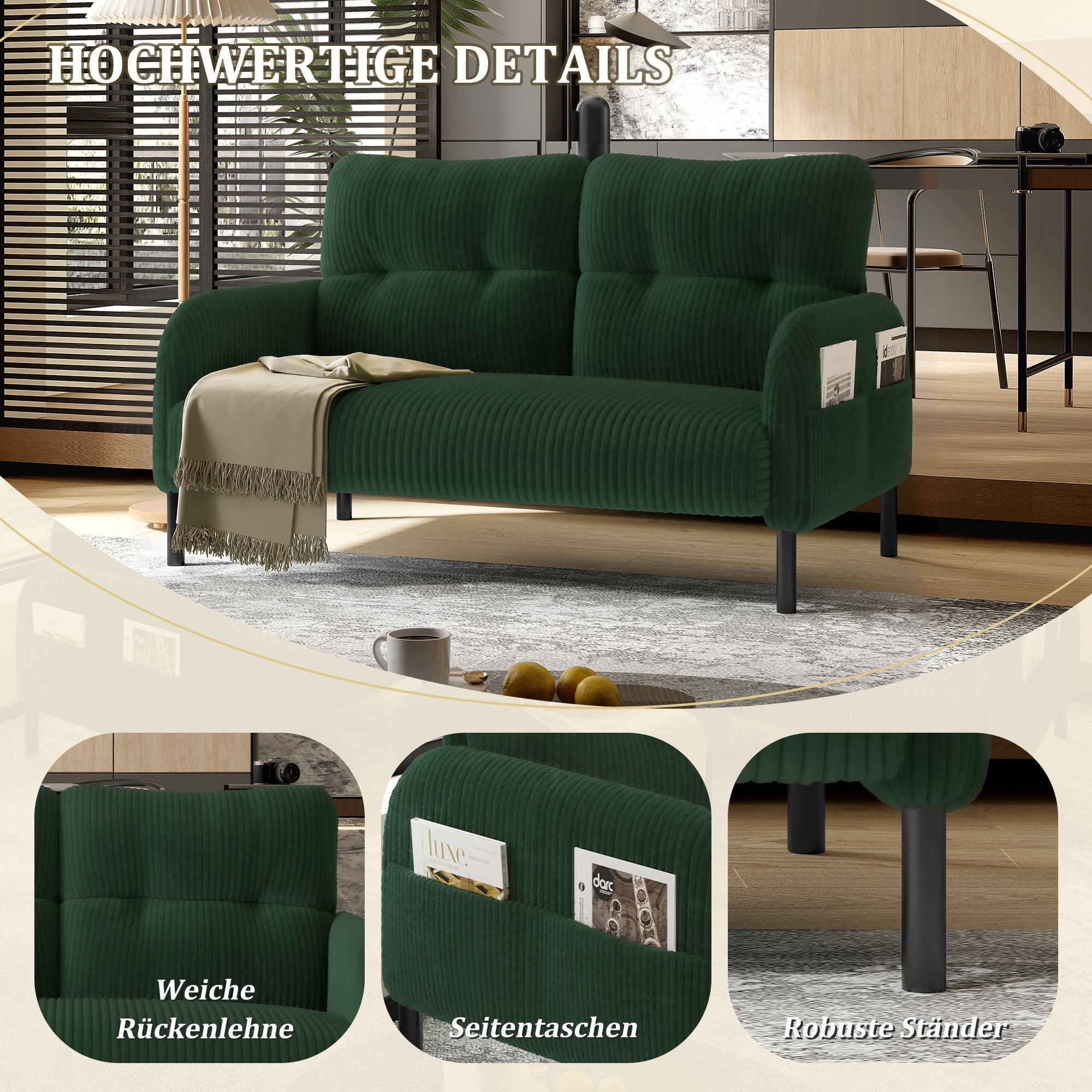Two-Seater Sofa, Comfort Padding High Backrest Side Pockets Metal Feet, Corduroy