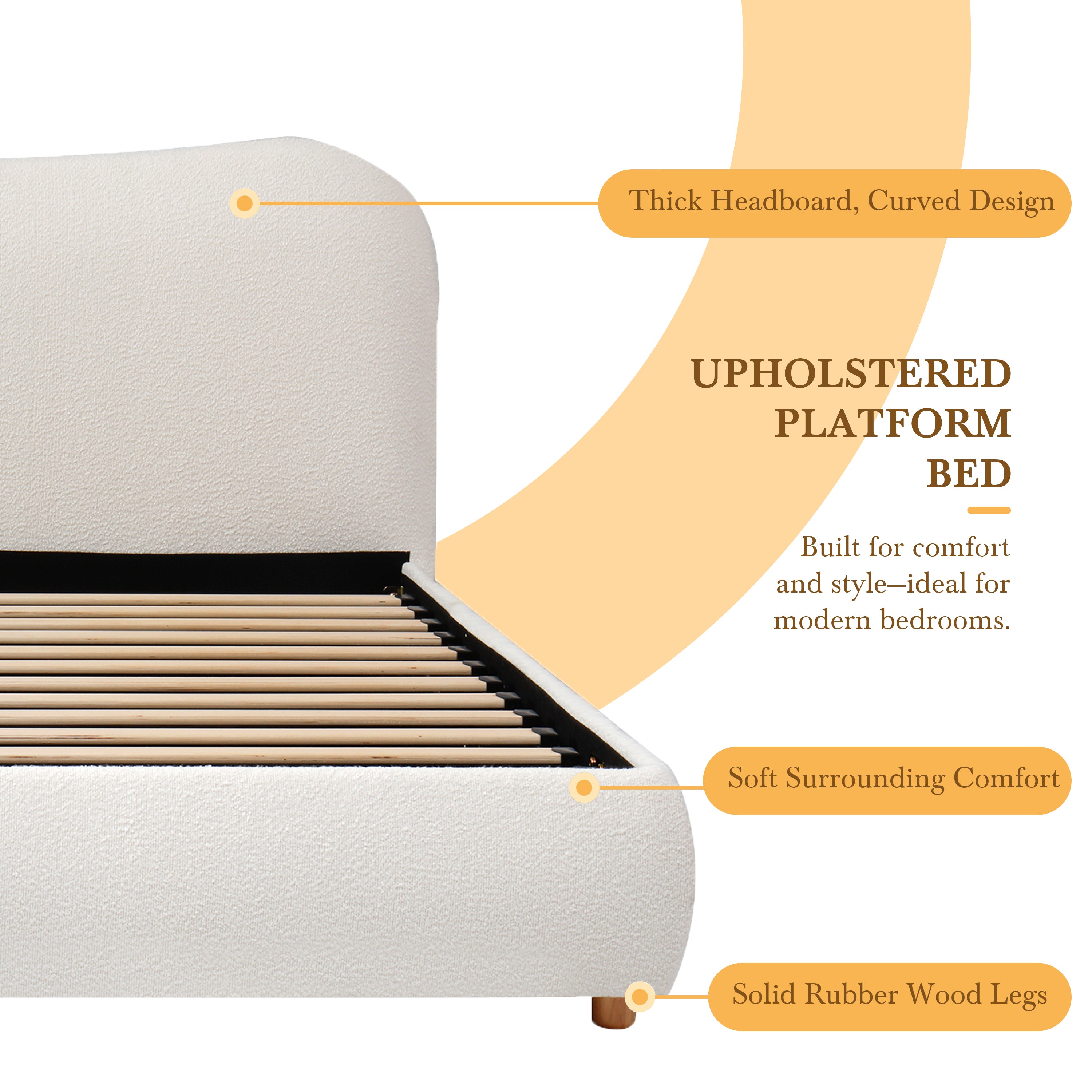 Ottoman Storage Bed Frame, 4ft6 Double with Curved Headboard, Boucle Fabric, Warm White