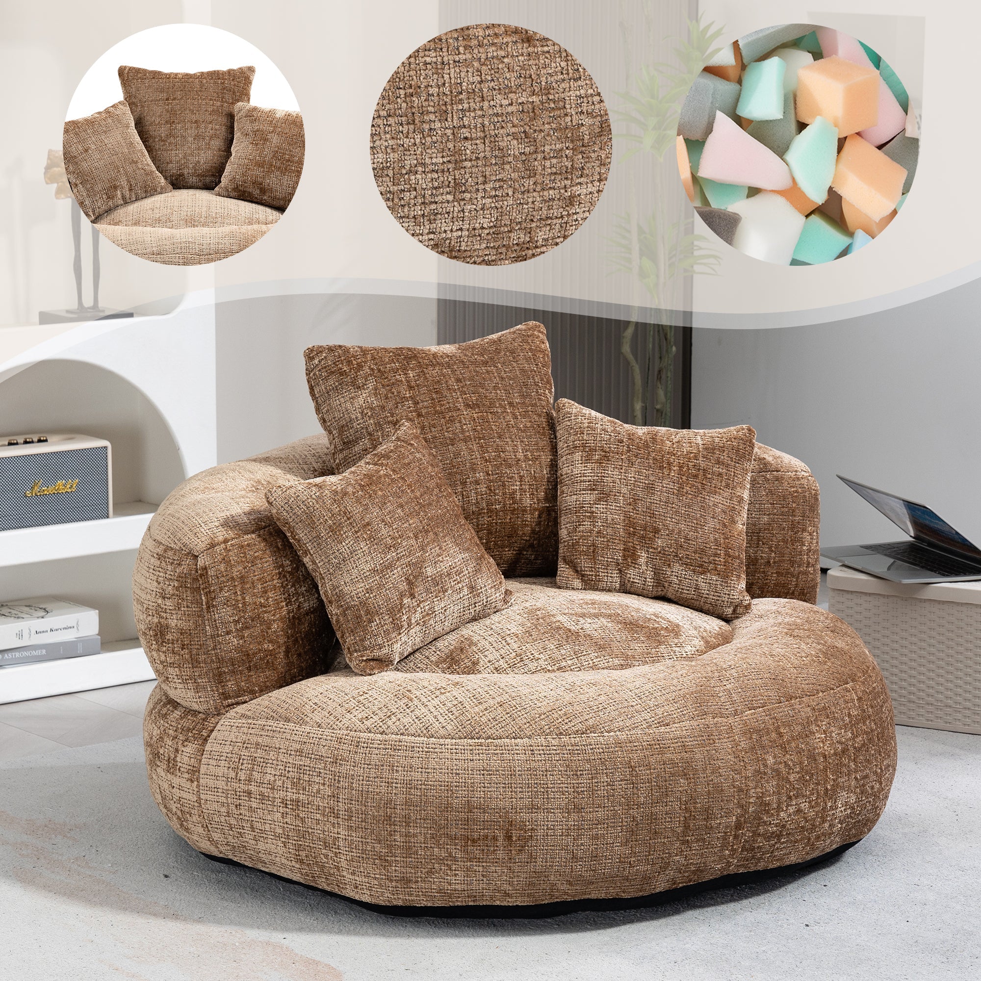 Lazy Sofa Durable High Back Bean Bag Chair Couch with Three Cushions, Coffee Chenille