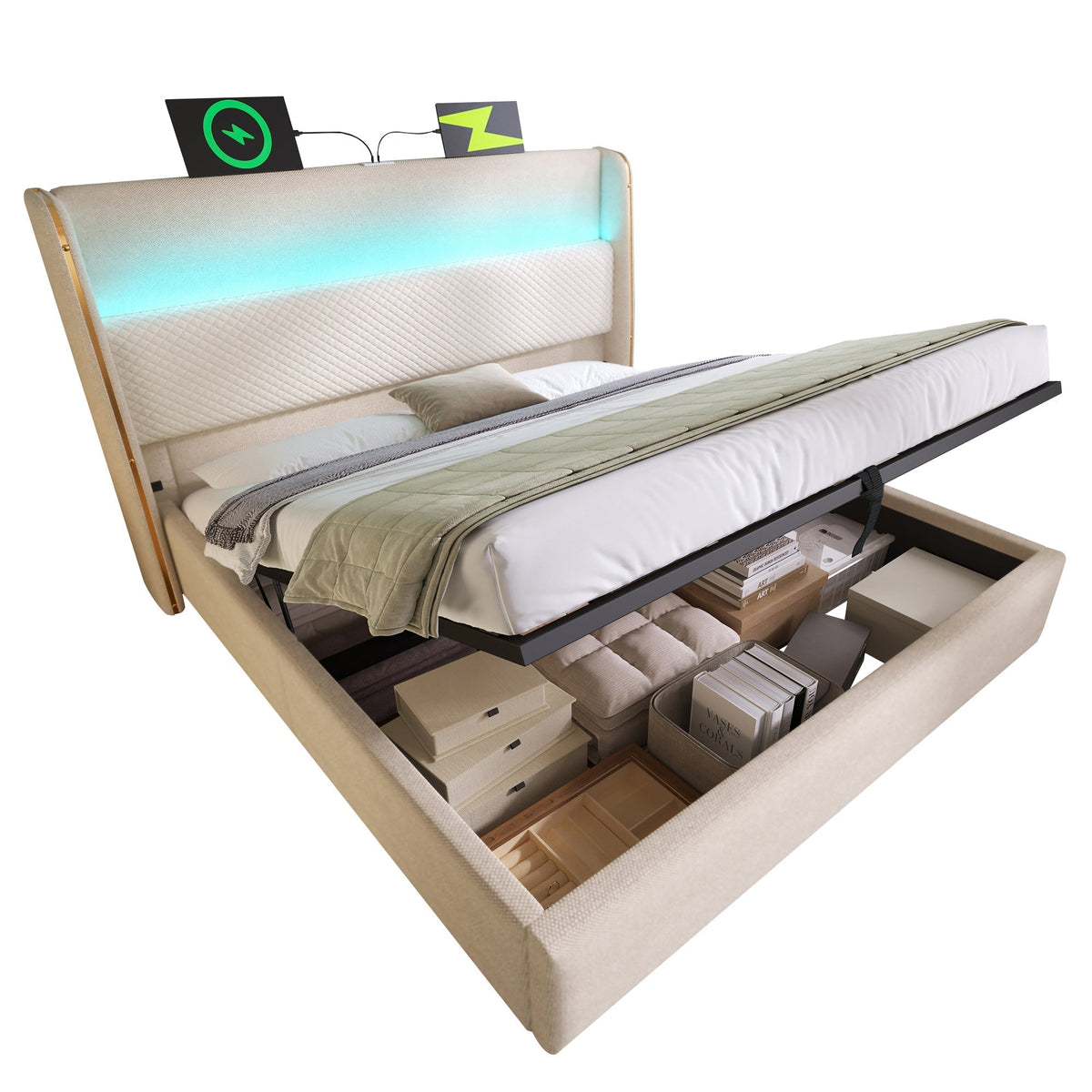 Modern Hydraulic Bed 140x200cm LED Storage USB/Type-C, Linen Look Beige