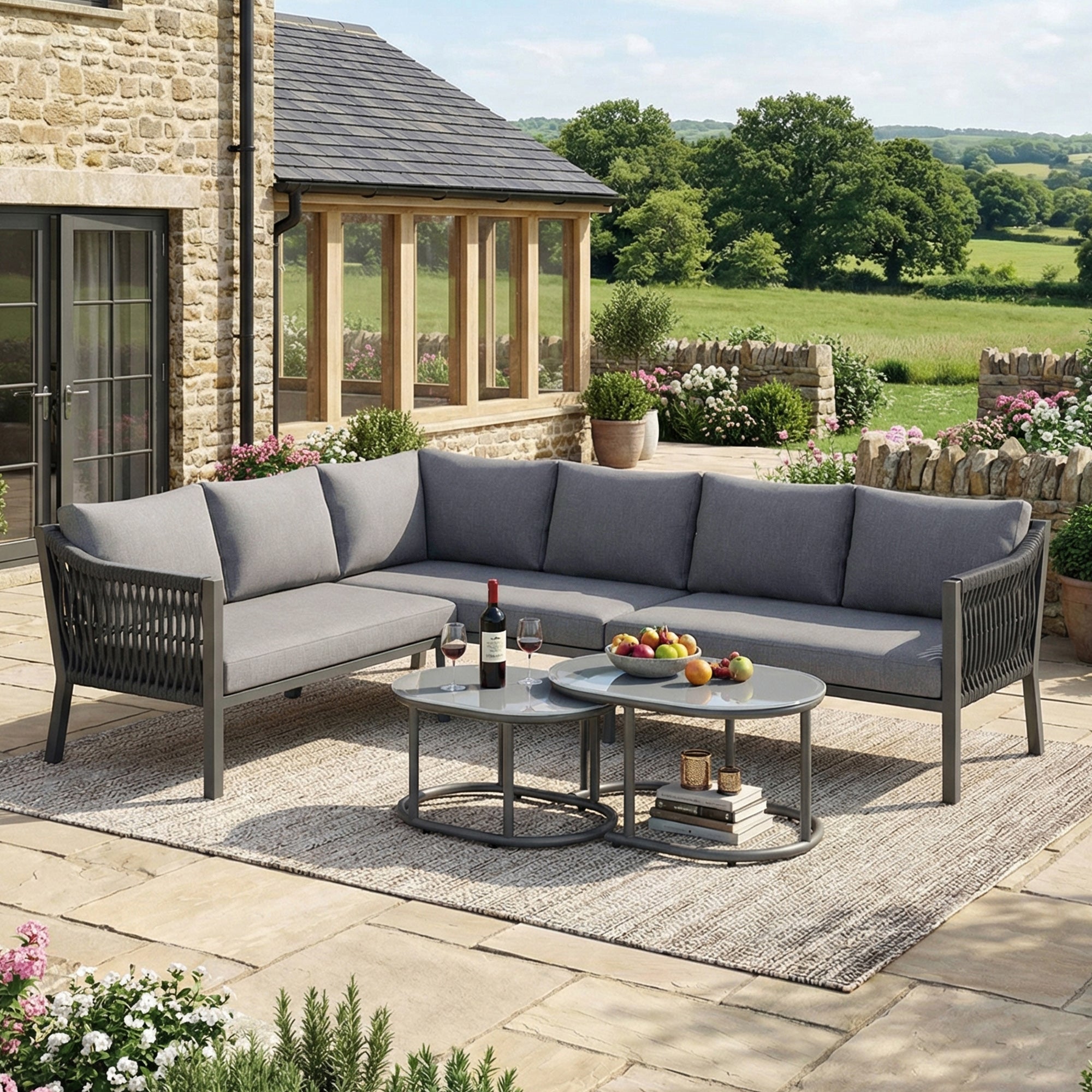 Garden Dining Set for 6 People with Corner Sofa and Two Coffee Tables, Hand-Woven Rope and Galvanized Iron, Grey