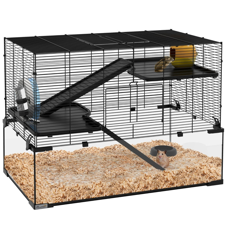 Hamster Cage, 3 Tiers with Deep Glass Bottom, Non-Slip Ramps, Water Bottle, Clear