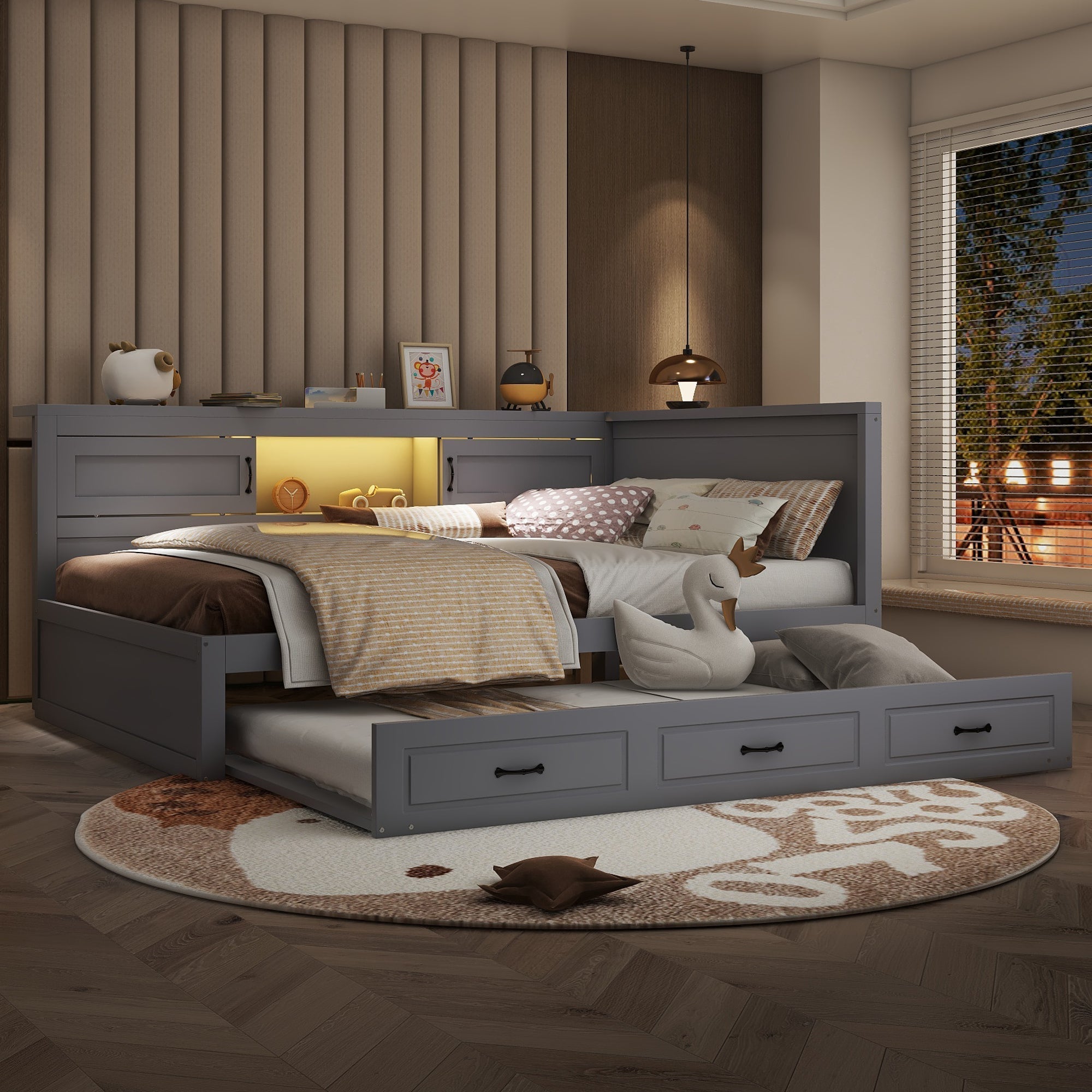 Sofa Bed Daybed 140x200cm Pull-out Bed LED Storage USB/Power Outlet - Grey