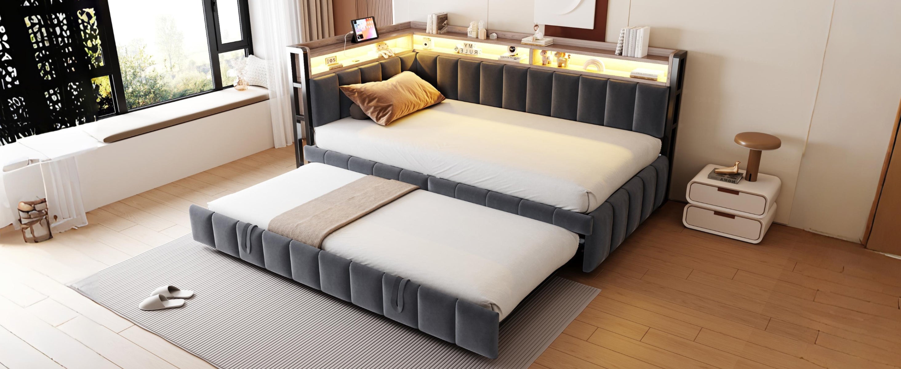 Upholstered Sofa Bed 90x200cm Pull-out LED Storage USB/Type-C, Dark Grey Velvet Fabric