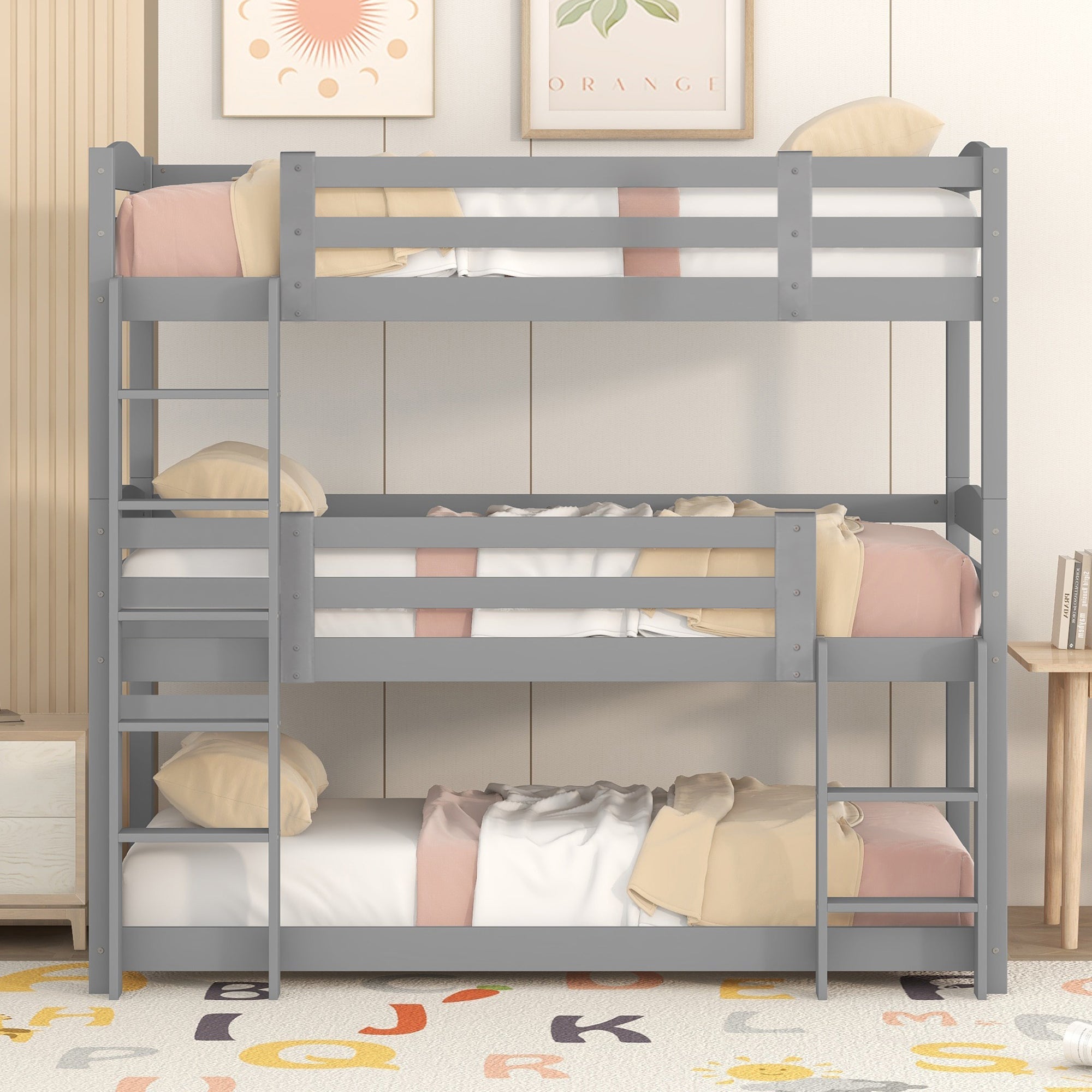 Bunk Bed 90x200cm Single Wooden Triple for Children, Grey