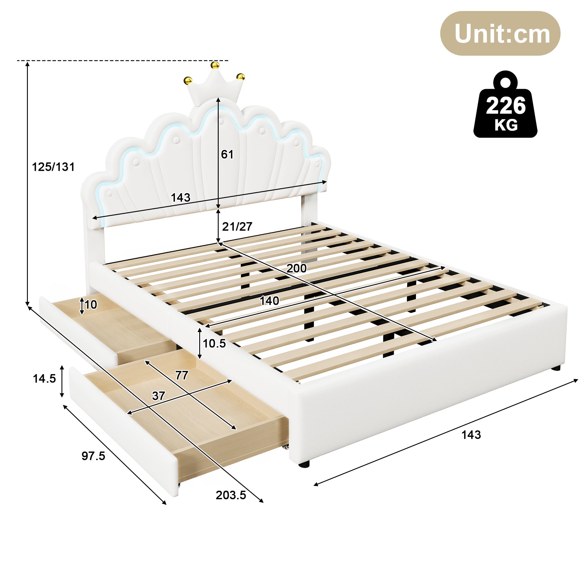 Upholstered Bed 140x200cm Crown Design Ambient Light 2 Drawers Adjustable Headboard - White PU