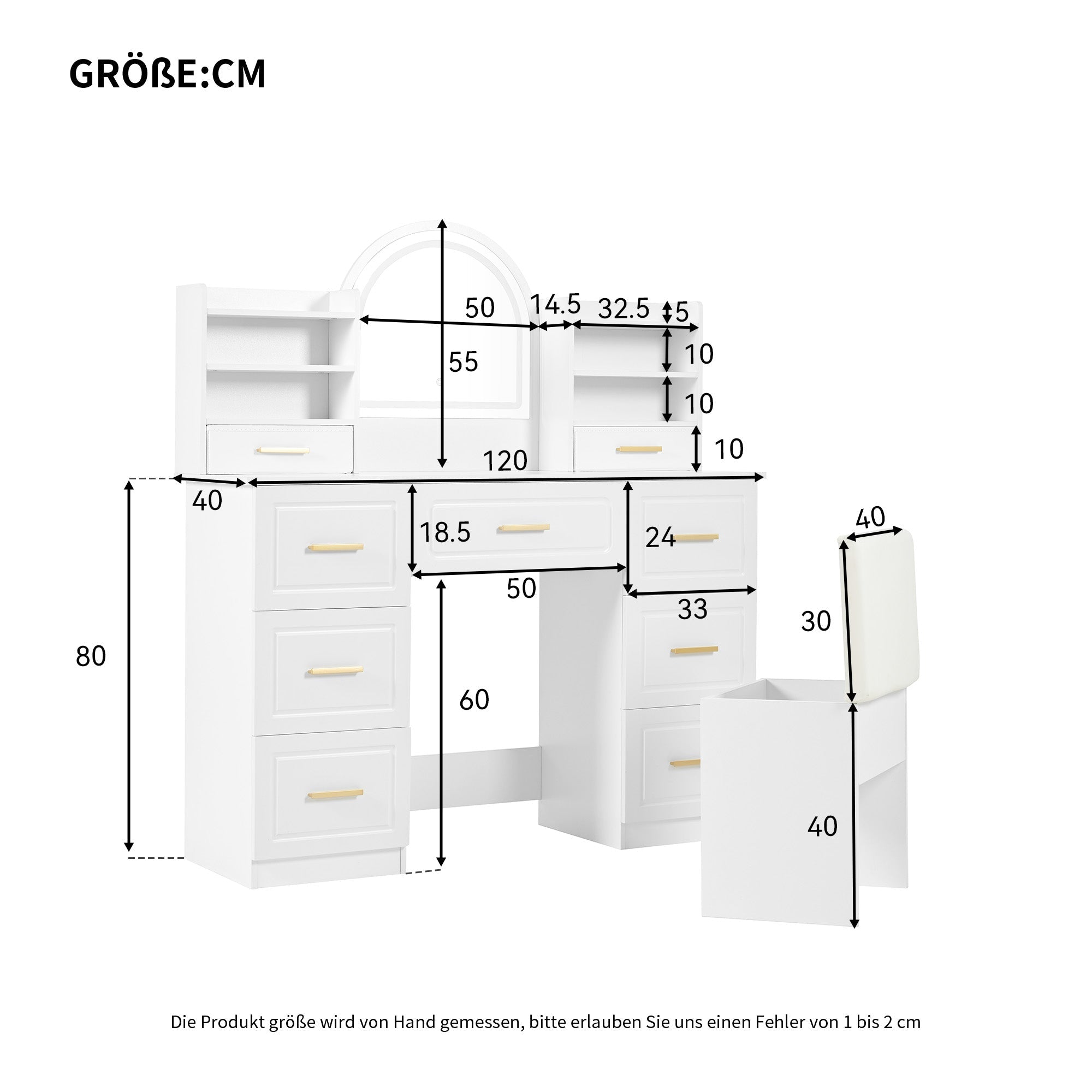 Dressing table with mirror, LED lighting, 9 drawers, white