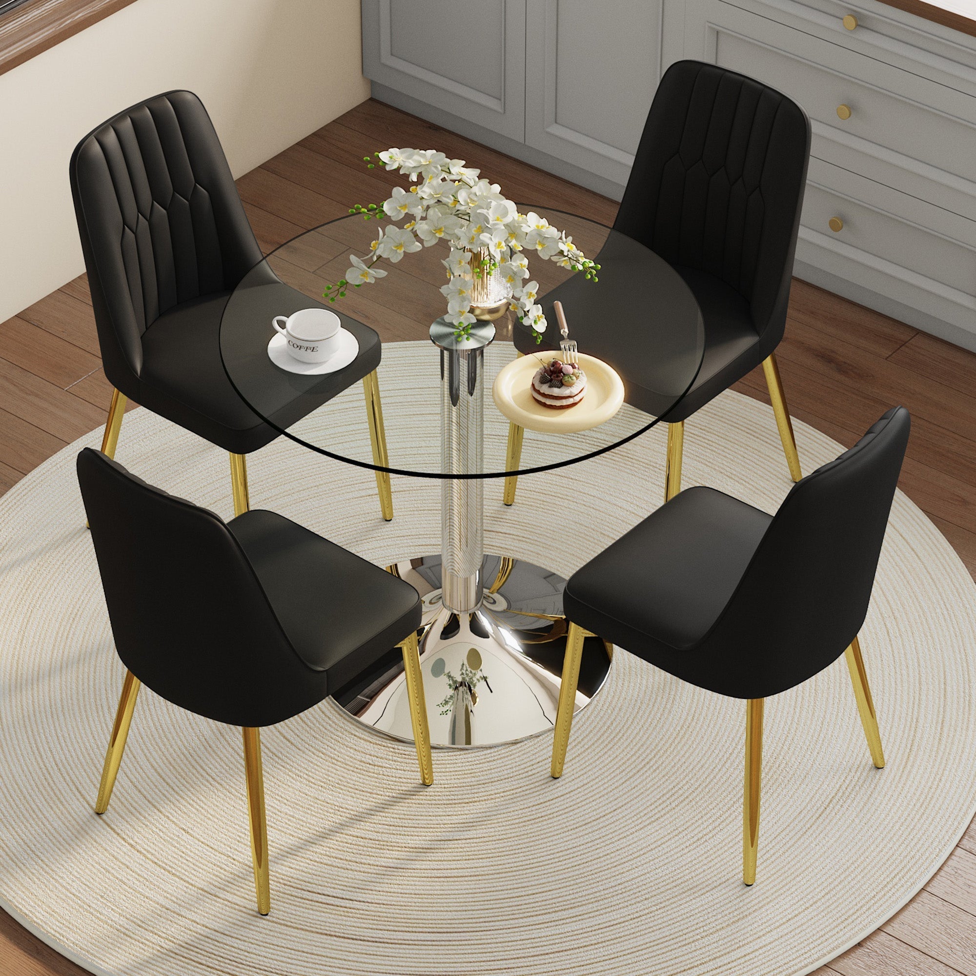 Dining Set 85cm Round Glass Table 4 Black PU Chairs Gold Legs