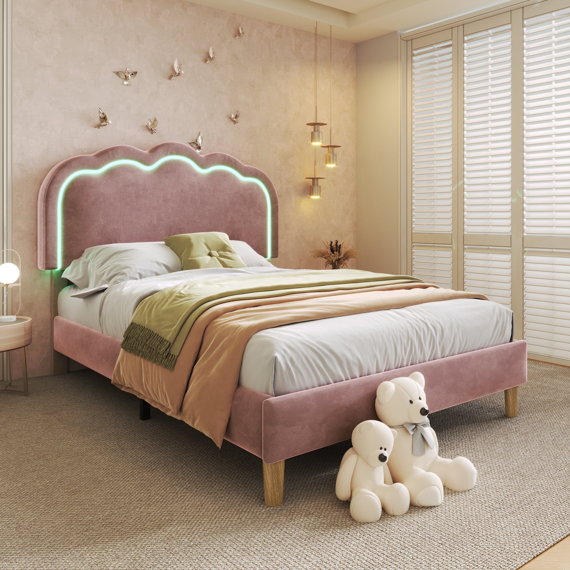 Upholstered Bed, LED, Adjustable Headboard, Pink, Velvet Material