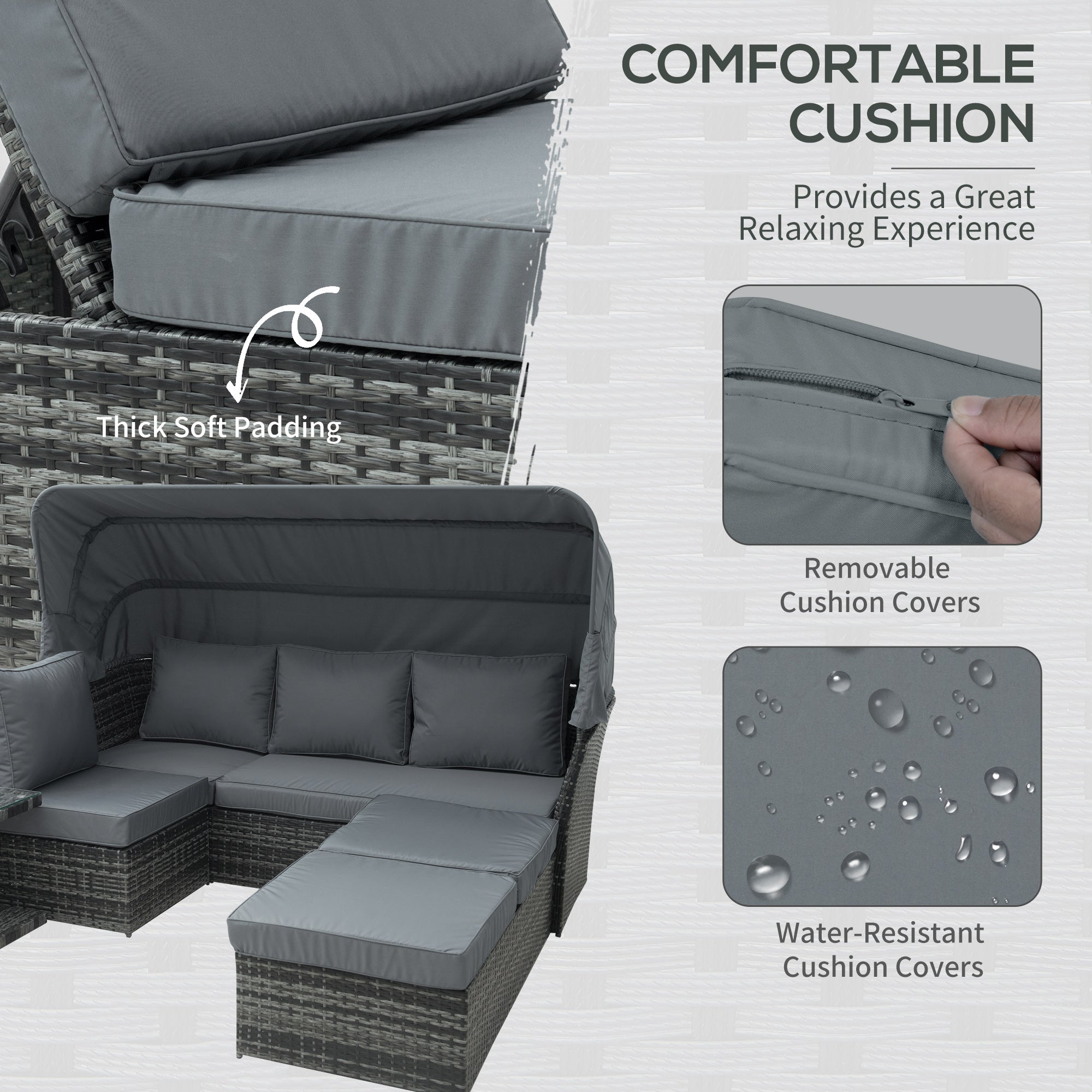 5 PCS Rattan Wicker Sofa Set, Reclining Sofa, Canopy, Side Table & Dining Table, Mixed Grey