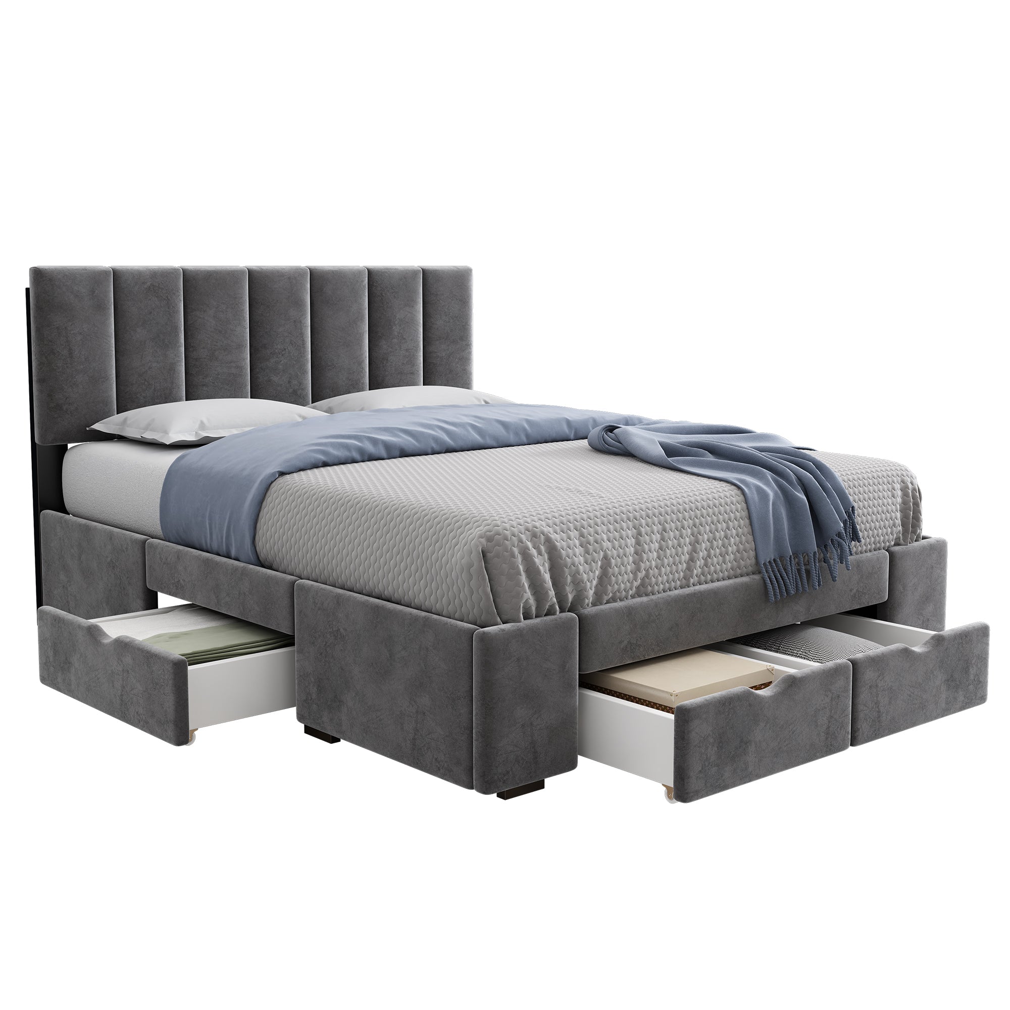 Upholstered Bed 140x200 Slatted Frame Backrest & 4 Drawers - Velvet Grey