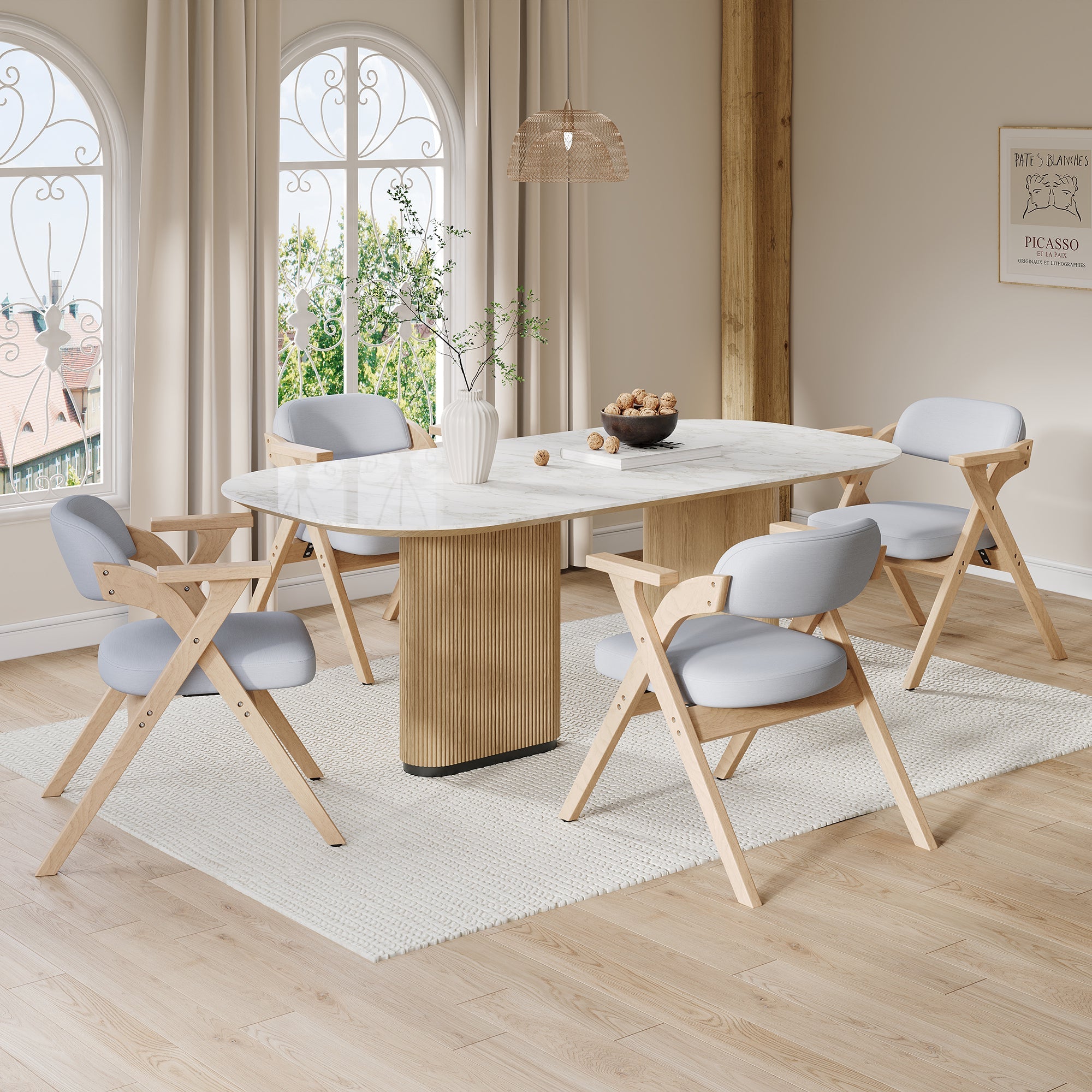 Set of 2 Folding Dining Chairs, Solid Wood and Breathable Linen, Grey