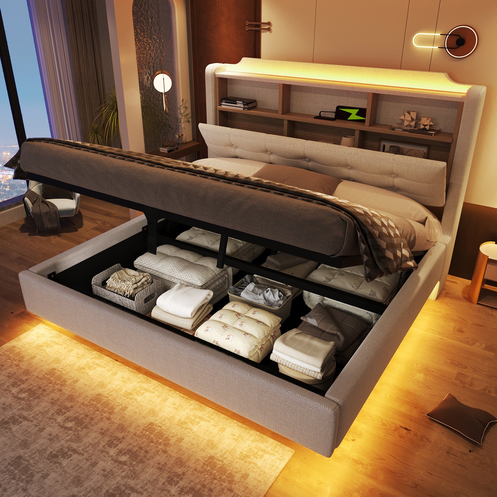 Upholstered Bed 140x200cm LED Light Strip Hydraulic Storage USB/Type-C Ports Linen Beige