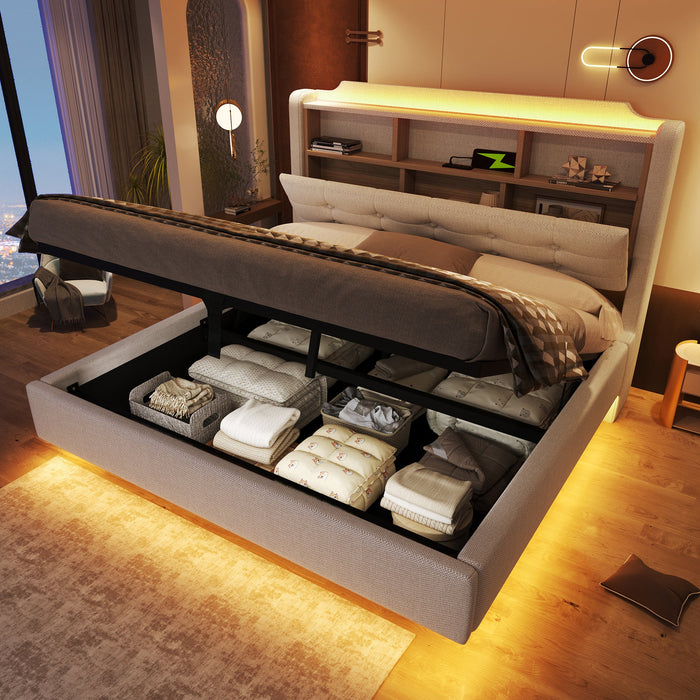 Upholstered Bed 140x200cm LED Light Strip Hydraulic Storage USB/Type-C Ports Linen Beige