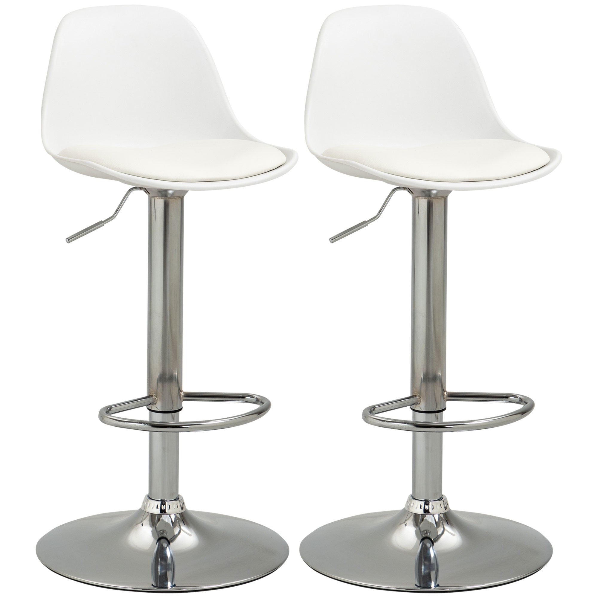 Bar Stools, Set of 2, Swivel, Height-Adjustable, White Faux Leather and Steel