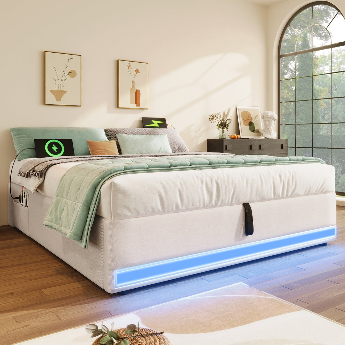 Upholstered Bed 140x200cm Hydraulic Storage LED USB/Type-C Pockets - Beige