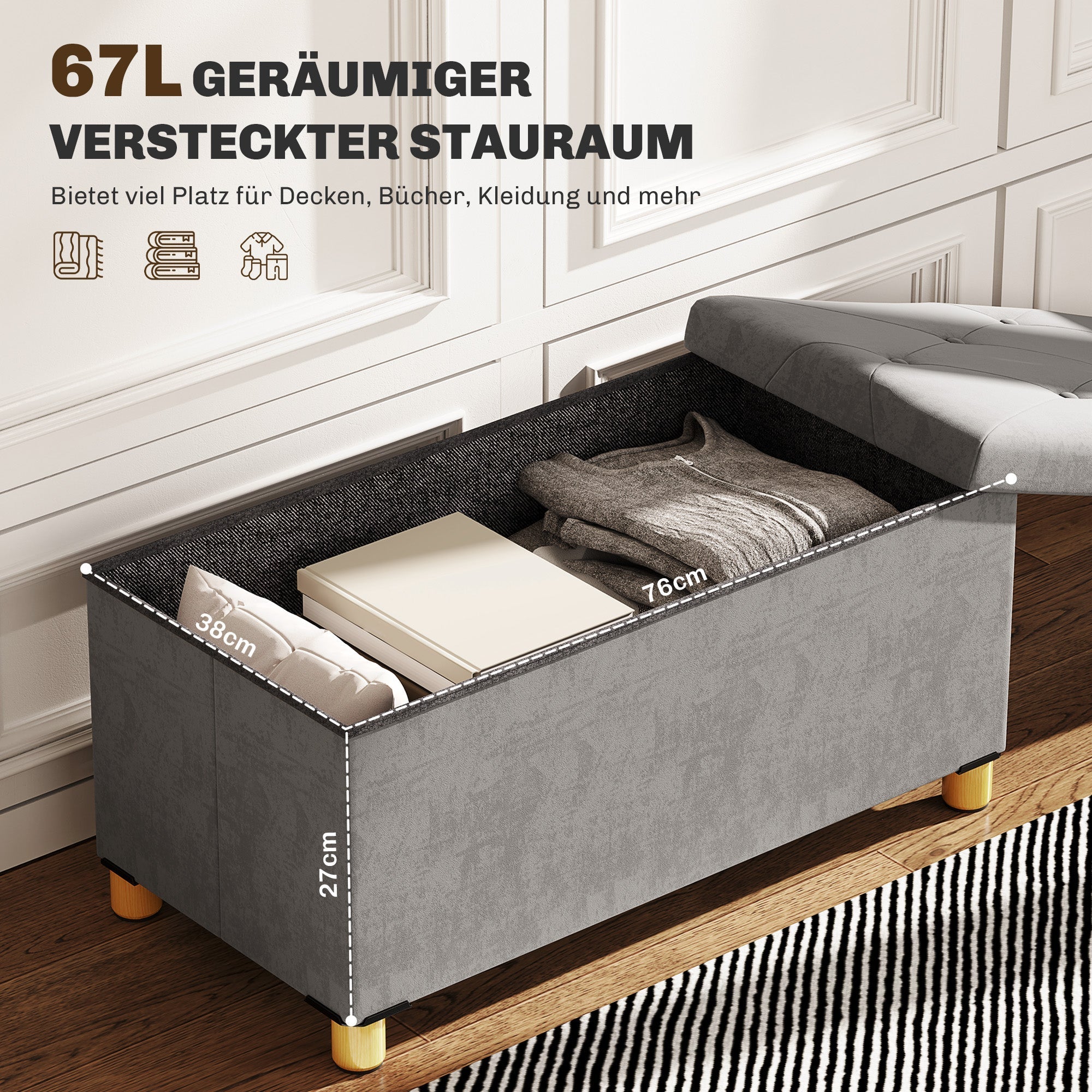 Bench with Storage, Foldable Upholstered, Velvet Look, Gray
