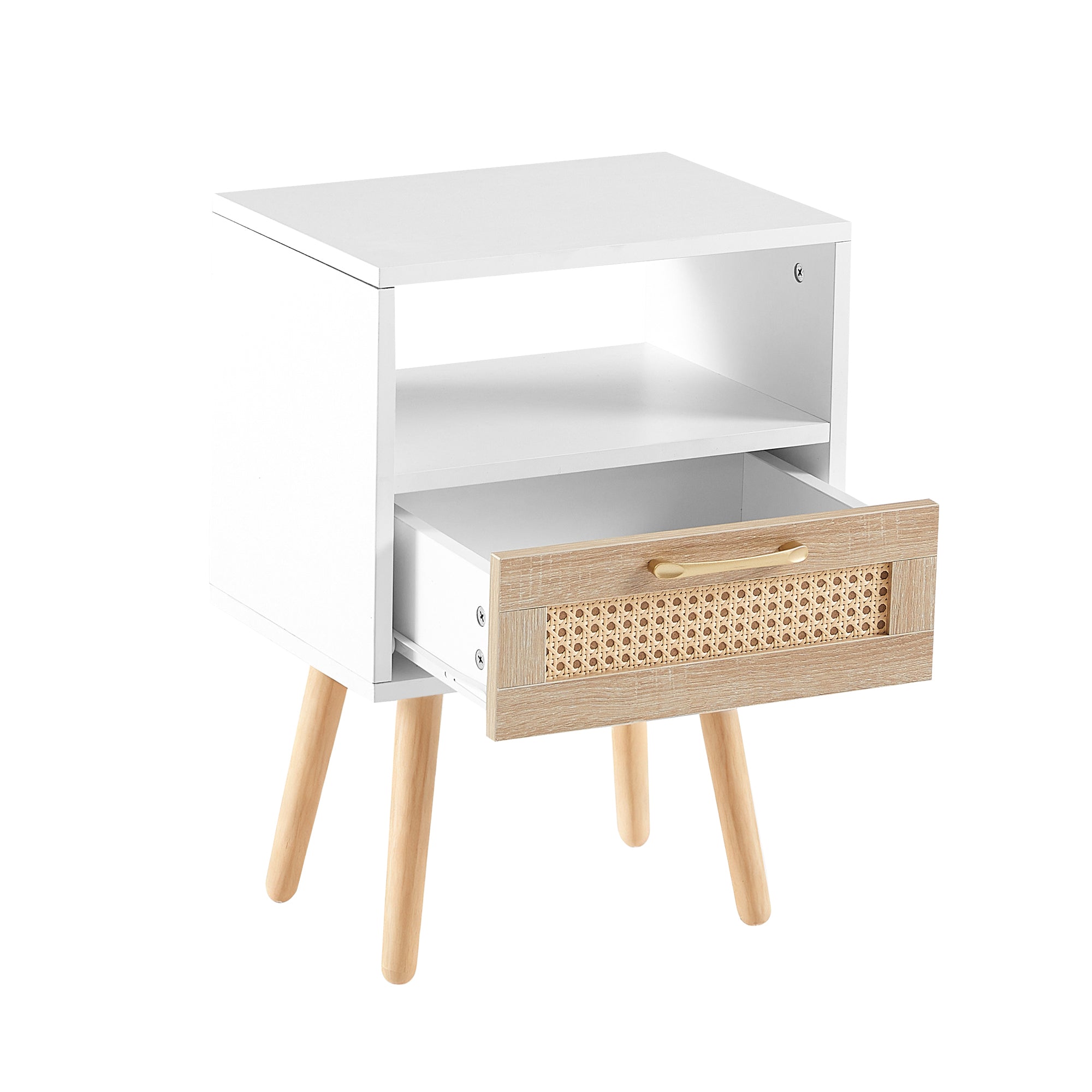 Rattan Side Table with Drawer and Solid Wood Legs, White