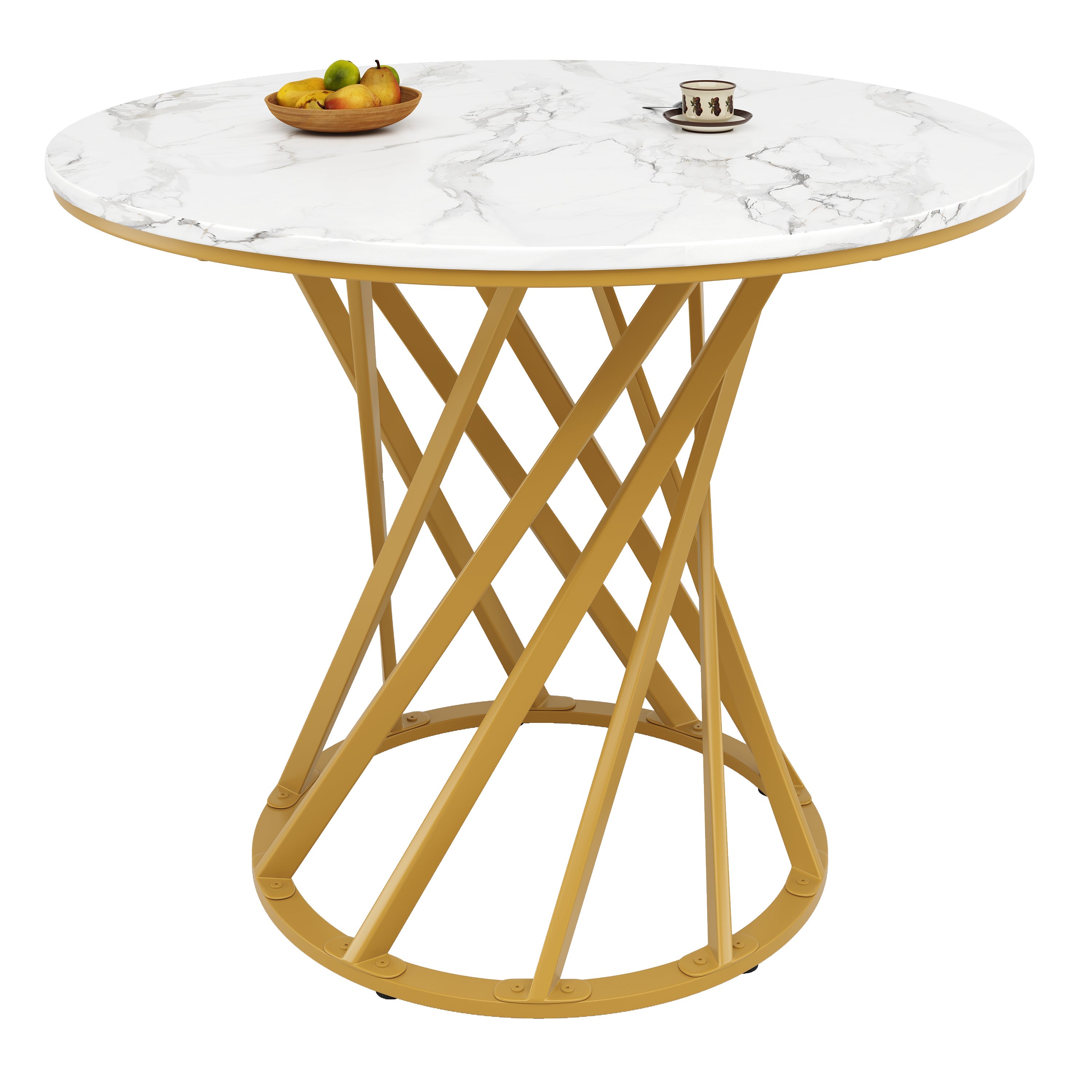 Round Dining Table 80cm for 4 Marbled MDF Top Metal Legs Gold