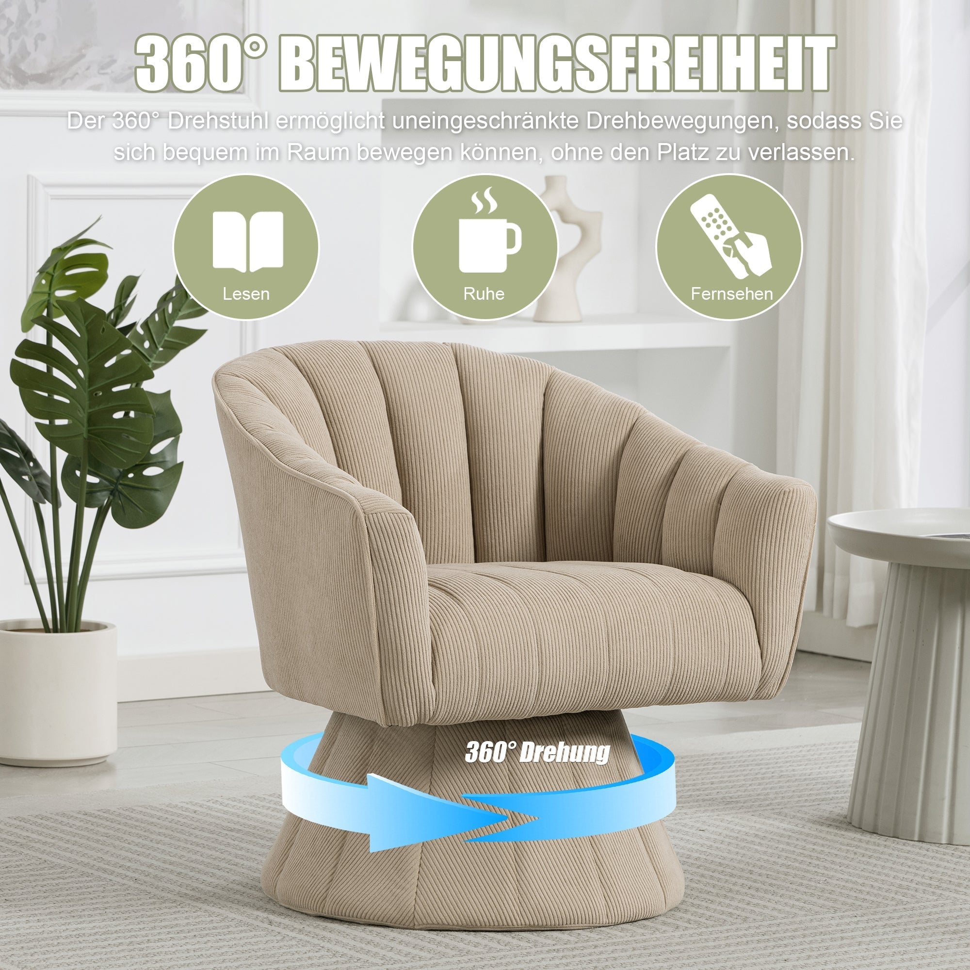 360° Swivel Chair with Ergonomic Cushions and Wraparound Armrests, Khaki